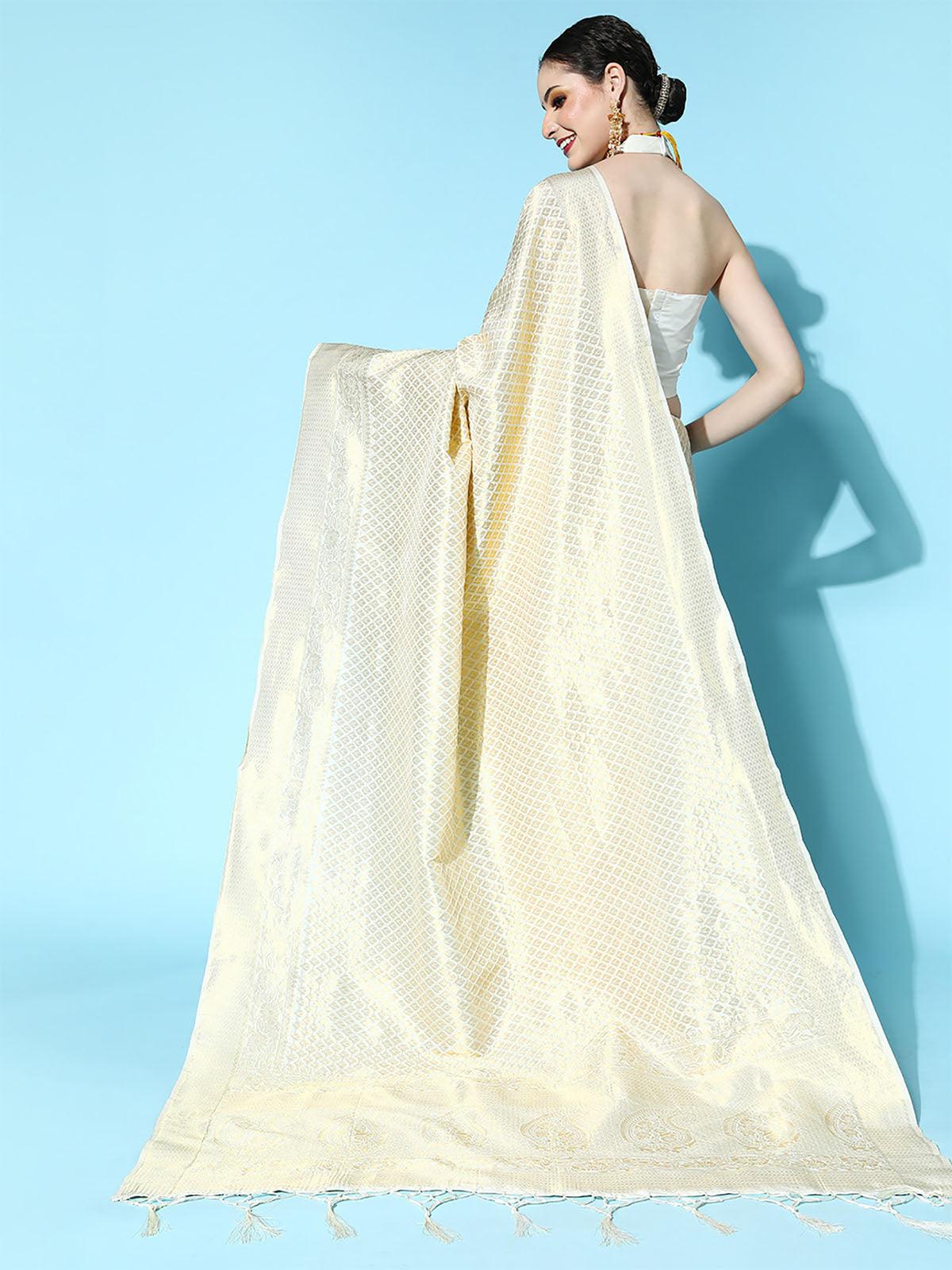 Women's Silk Blend Cream Woven Design Saree With Blouse Piece - Odette