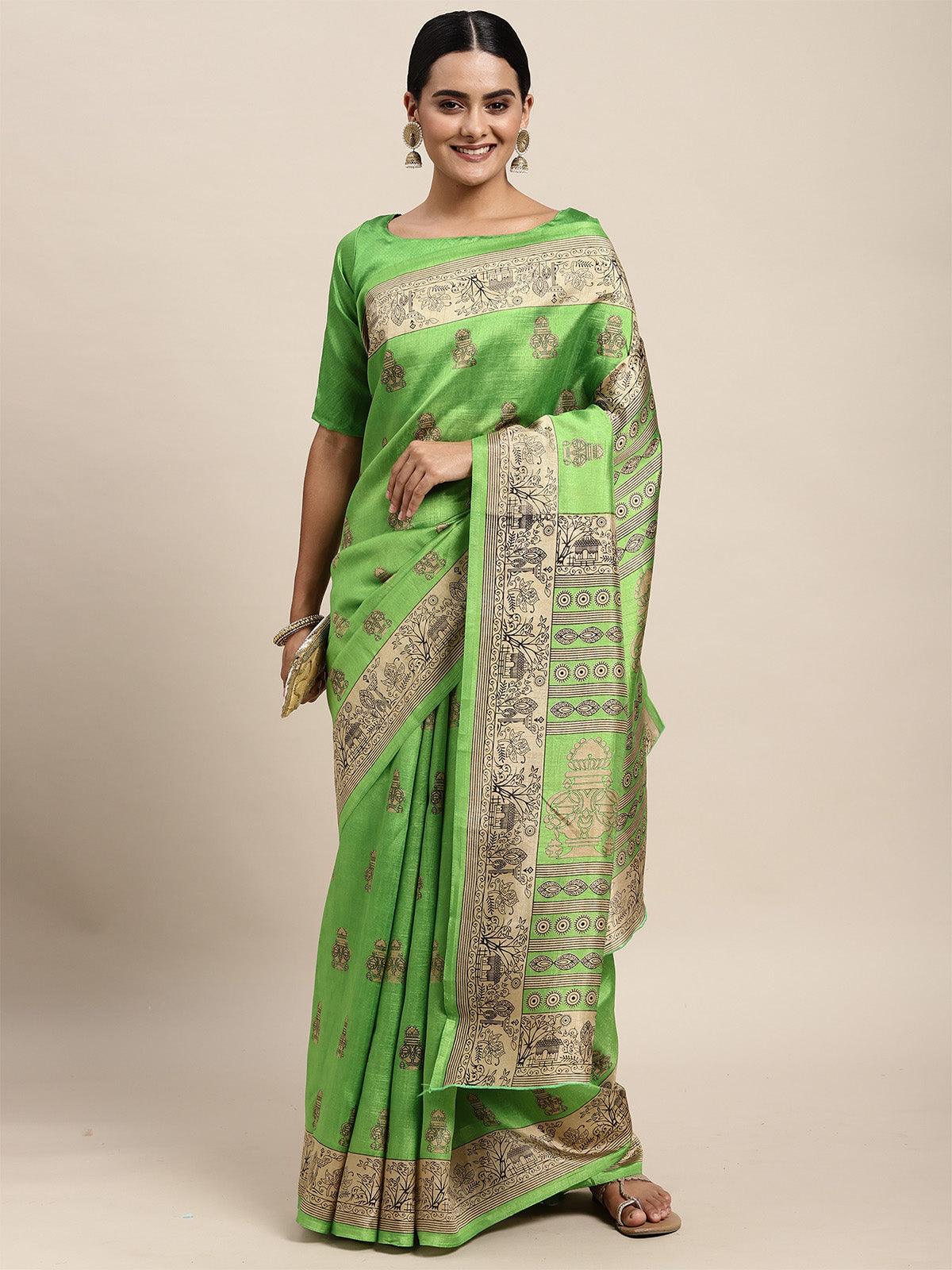 Women's Silk Blend Green Printed Saree With Blouse Piece - Odette