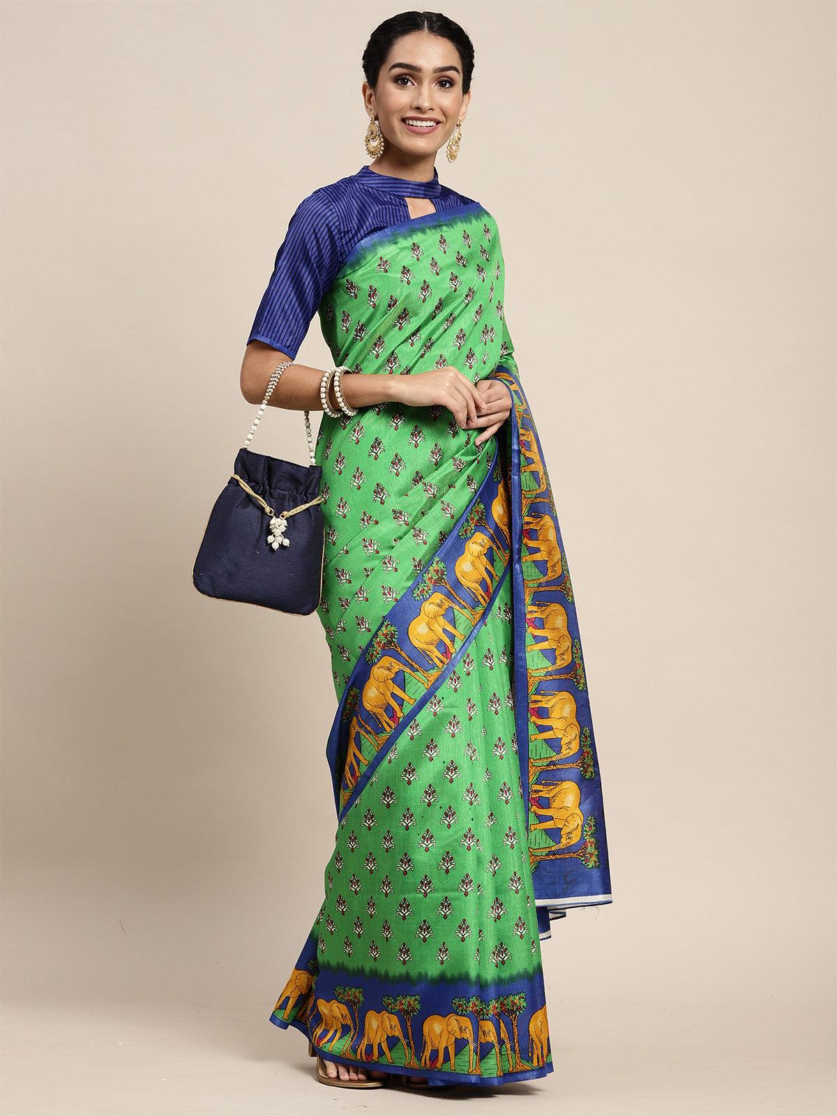 Women's Silk Blend Green Printed Saree With Blouse Piece - Odette