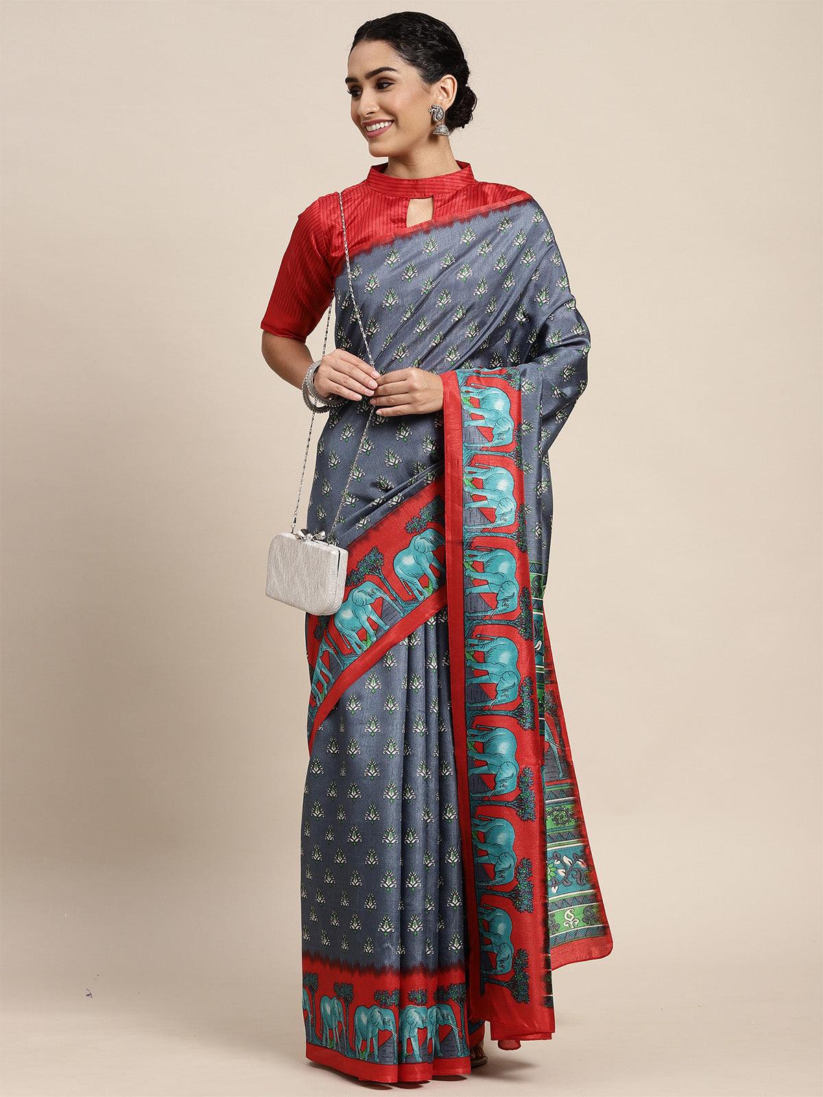 Women's Silk Blend Grey Printed Saree With Blouse Piece - Odette