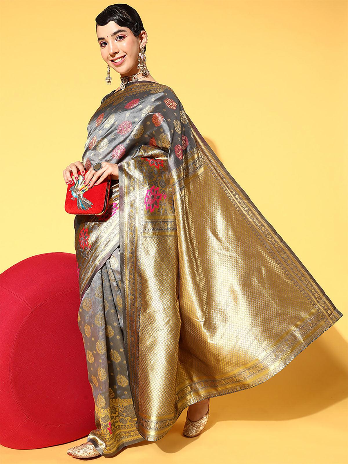 Women's Silk Blend Grey Woven Design Saree With Blouse Piece - Odette