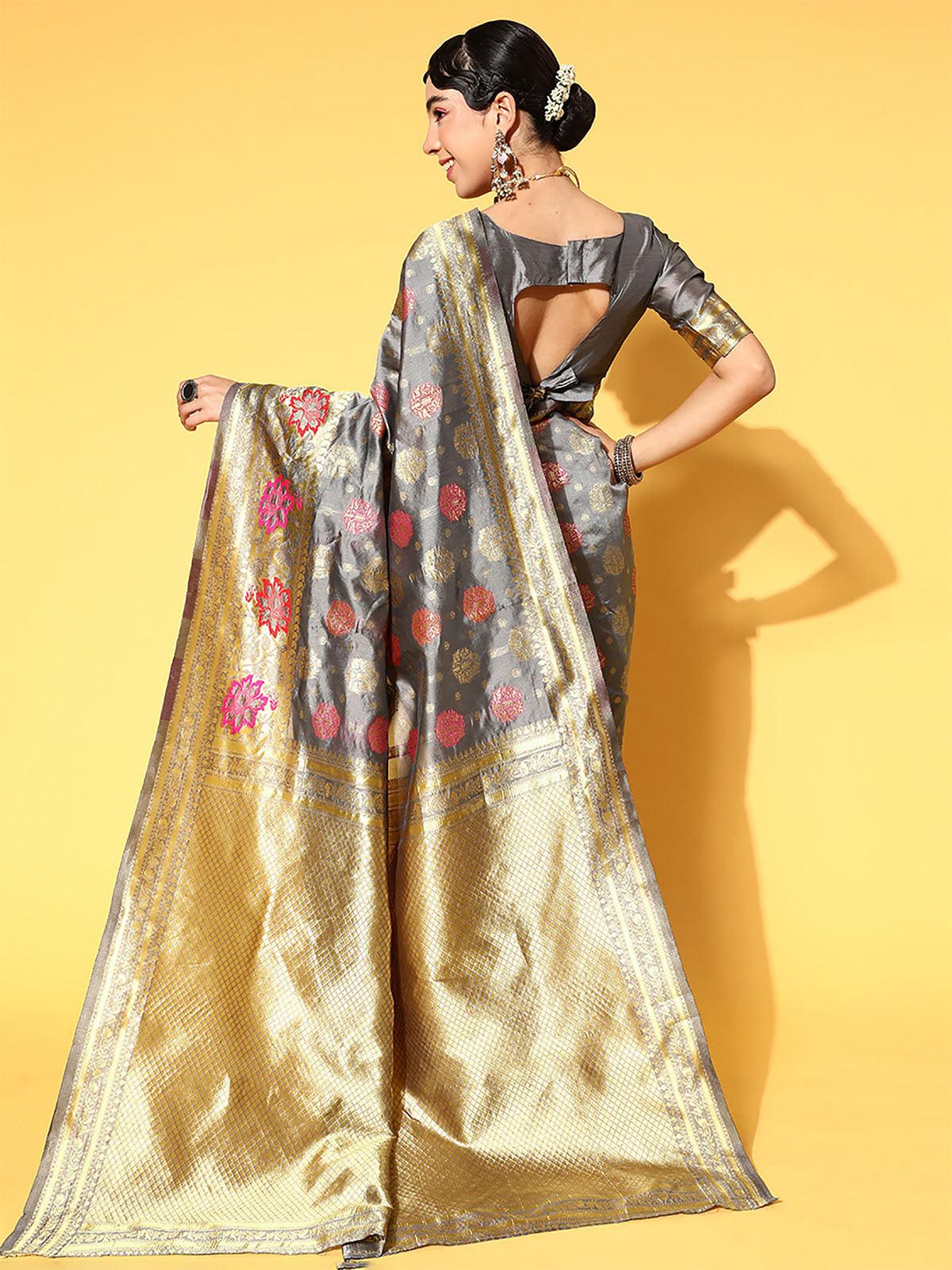 Women's Silk Blend Grey Woven Design Saree With Blouse Piece - Odette