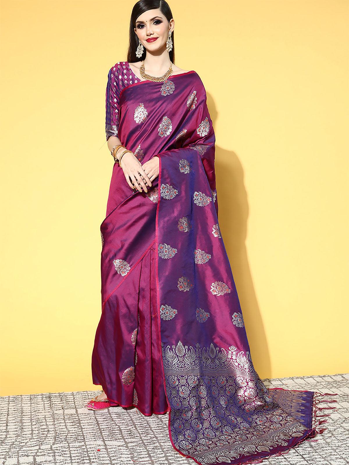 Women's Silk Blend Magenta Woven Design Saree With Blouse Piece - Odette
