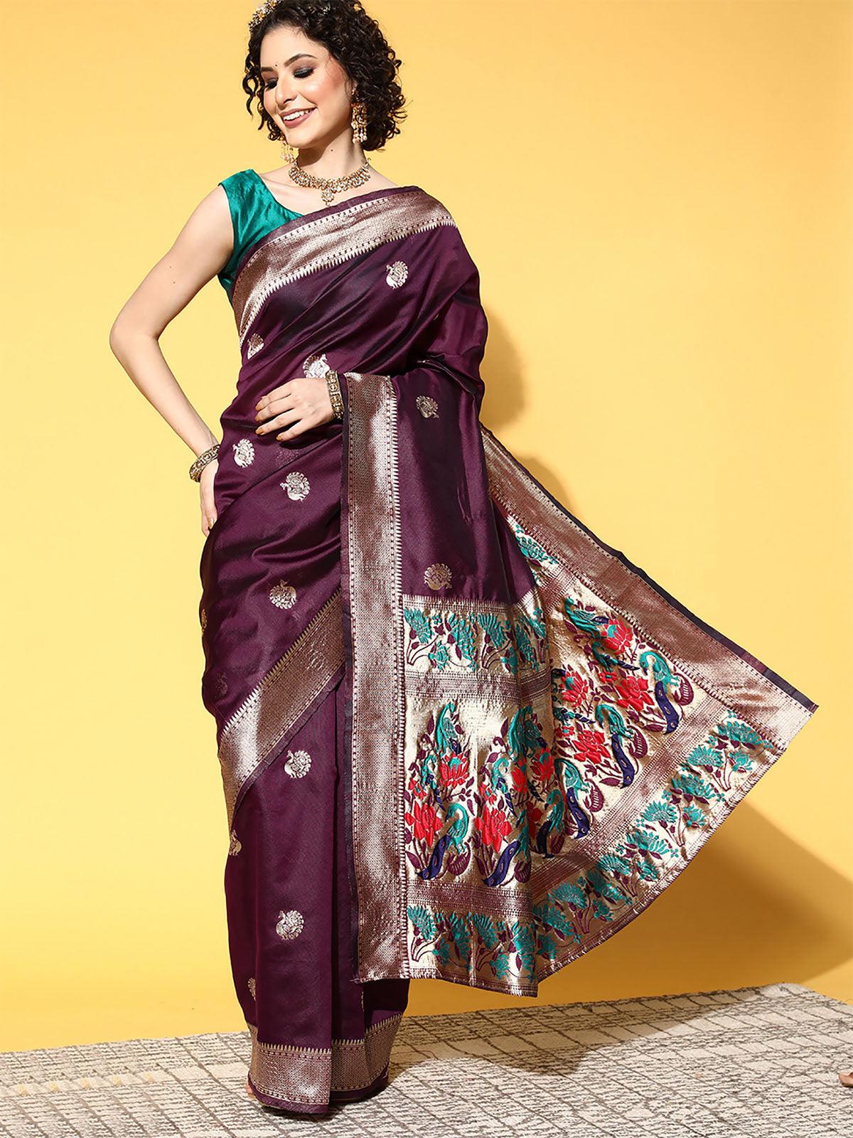 Women's Silk Blend Magenta Woven Design Saree With Blouse Piece - Odette