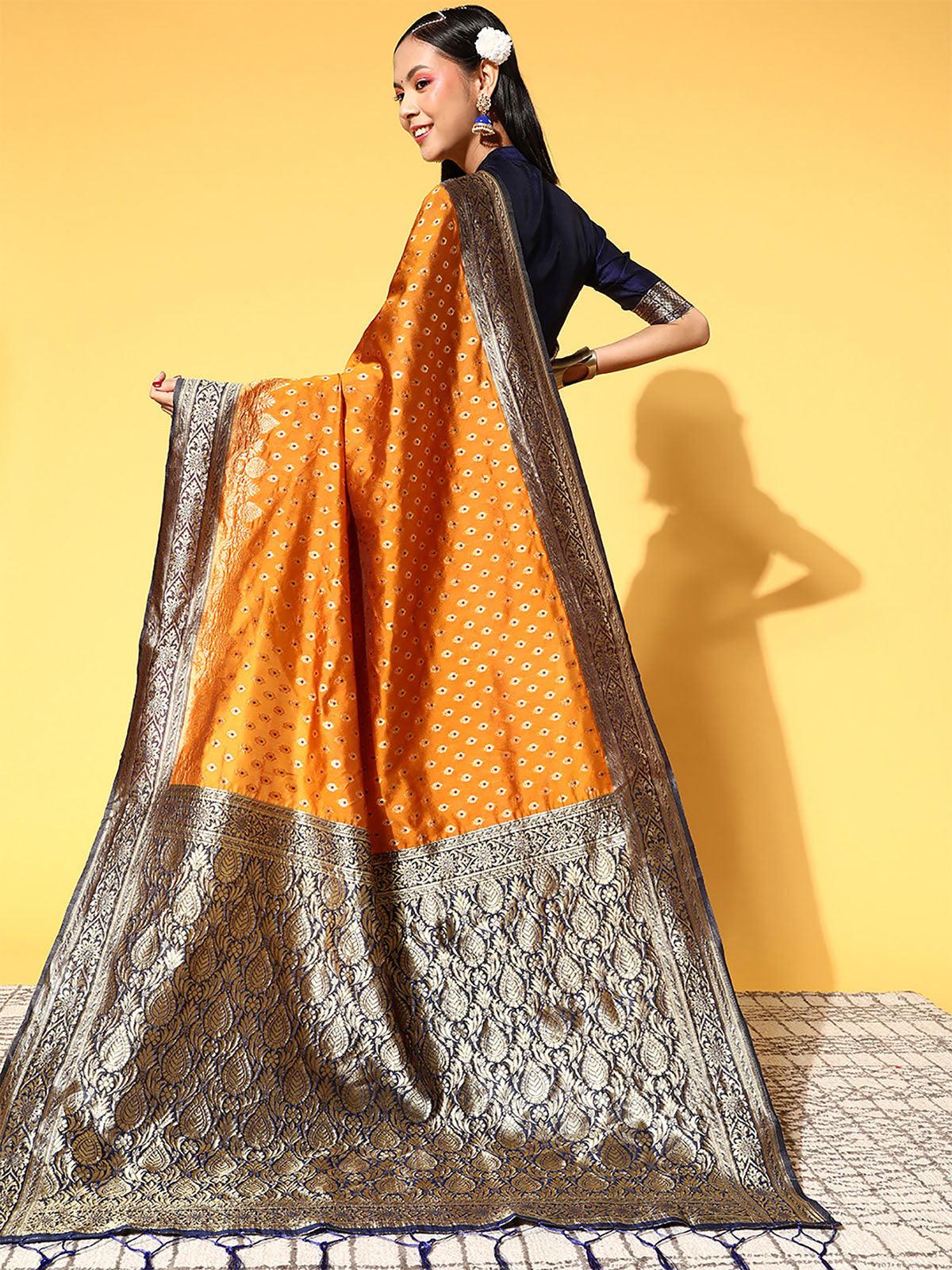 Women's Silk Blend Mustard Woven Design Saree With Blouse Piece - Odette