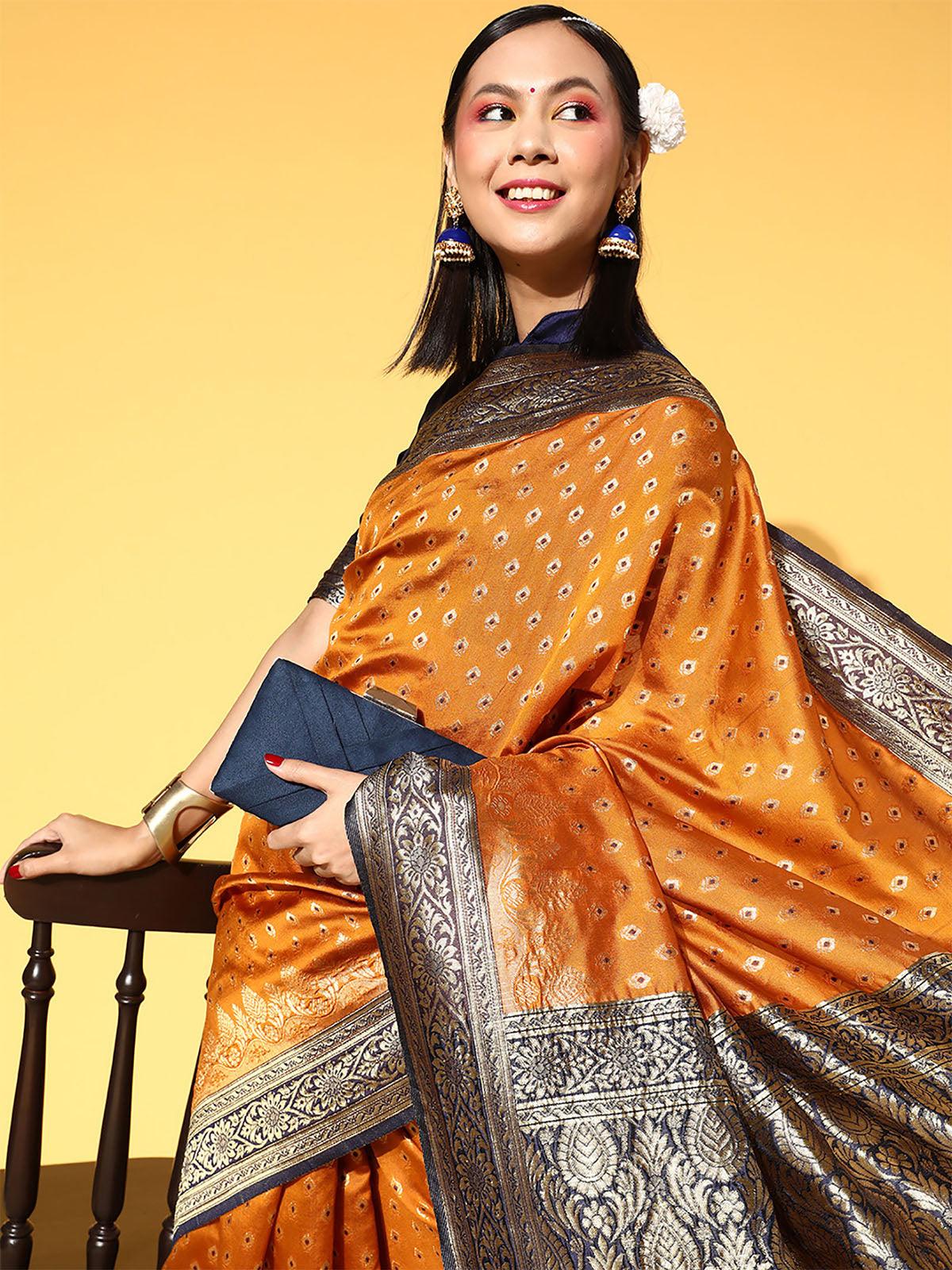 Women's Silk Blend Mustard Woven Design Saree With Blouse Piece - Odette