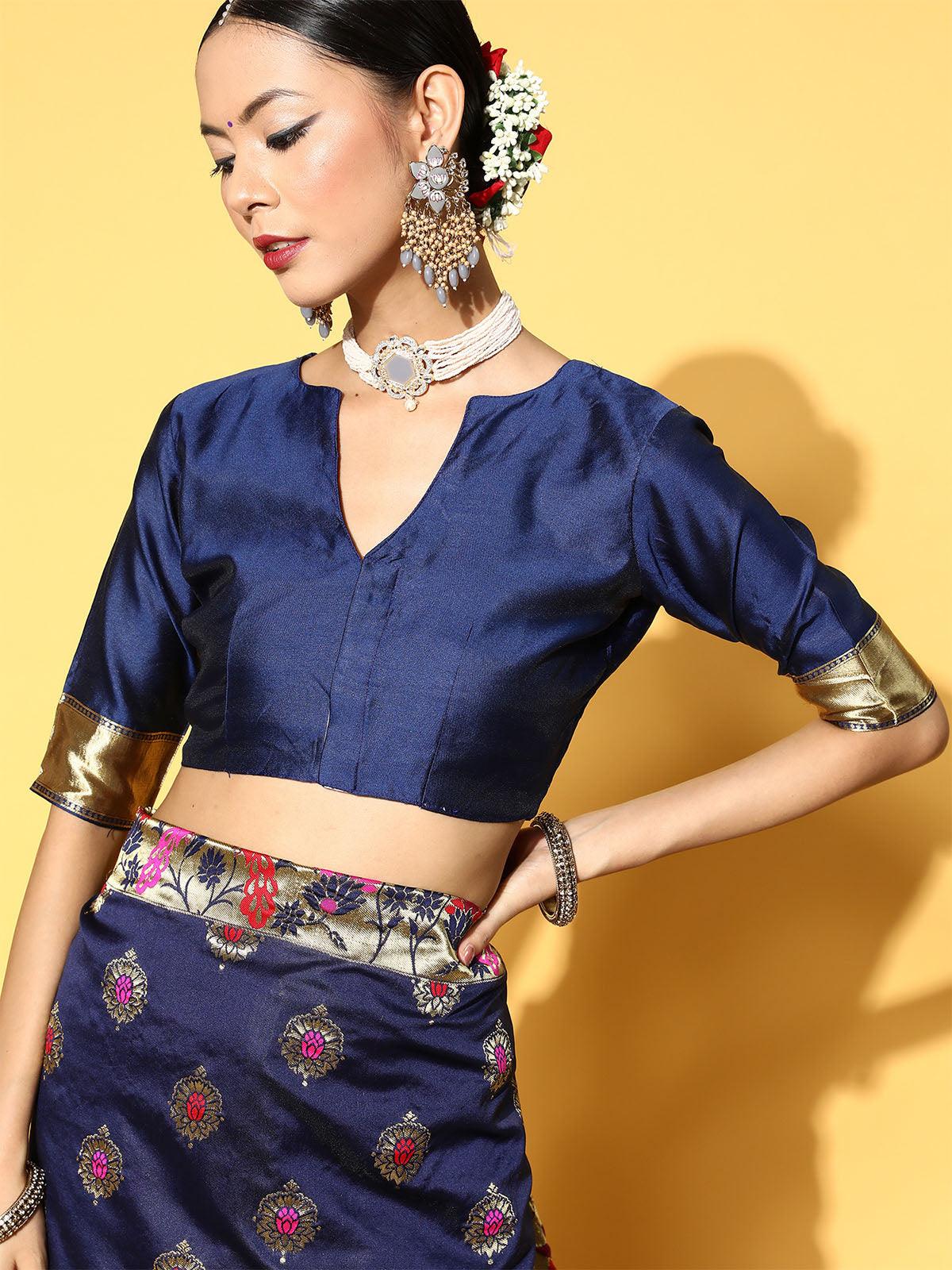 Women's Silk Blend Navy Blue Woven Design Saree With Blouse Piece - Odette