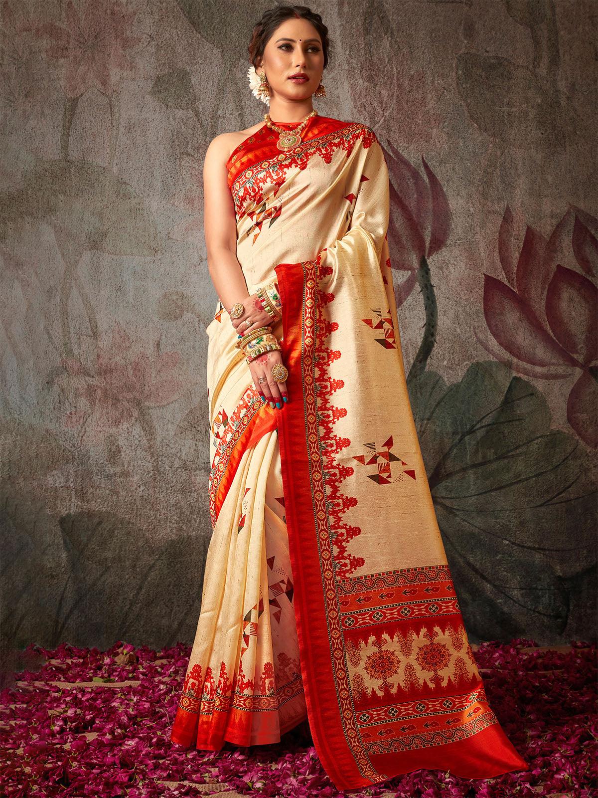 Women's Silk Blend Off White And Red Printed Designer Saree - Odette