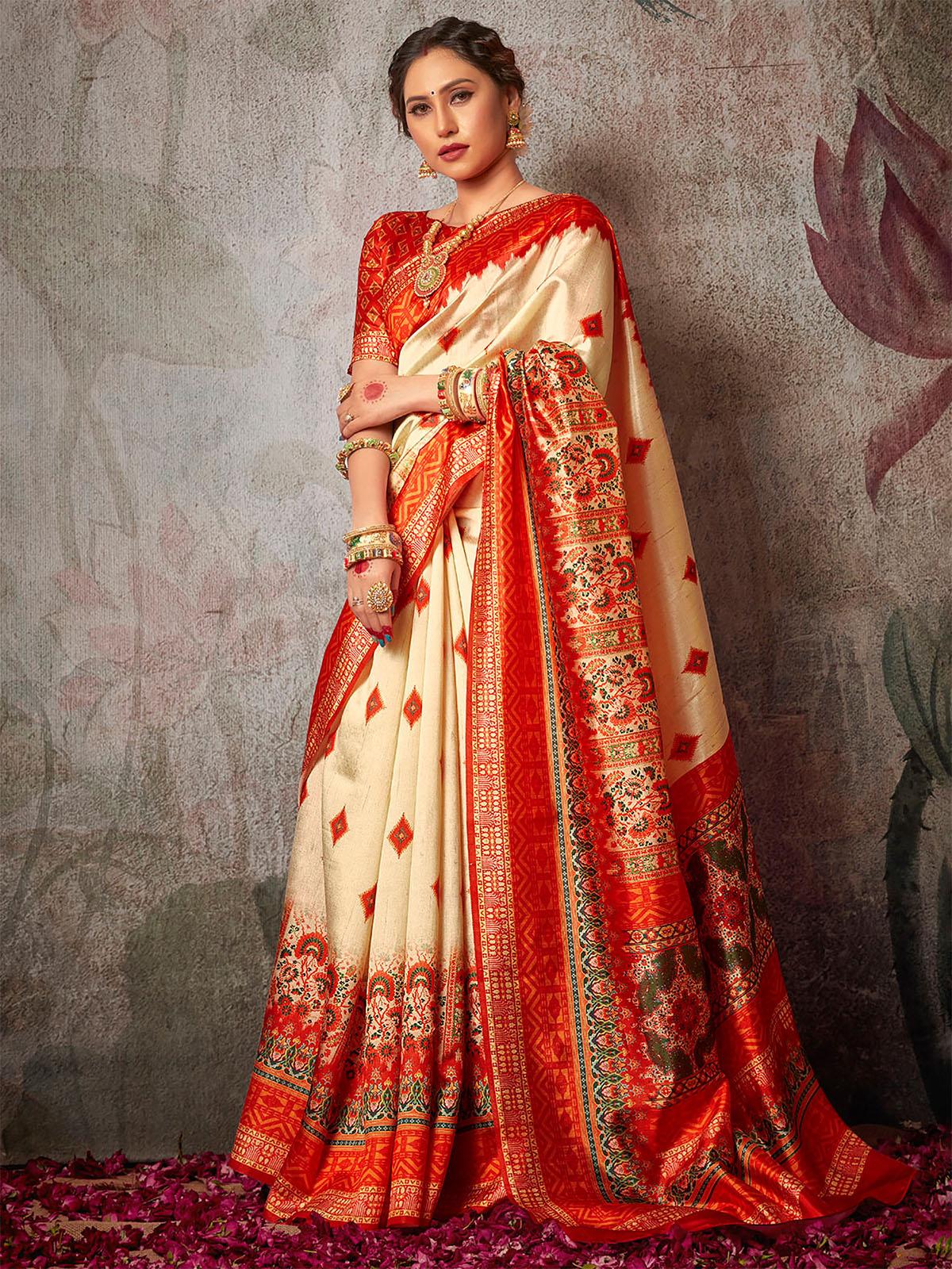 Women's Silk Blend Off White And Red Printed Designer Saree - Odette
