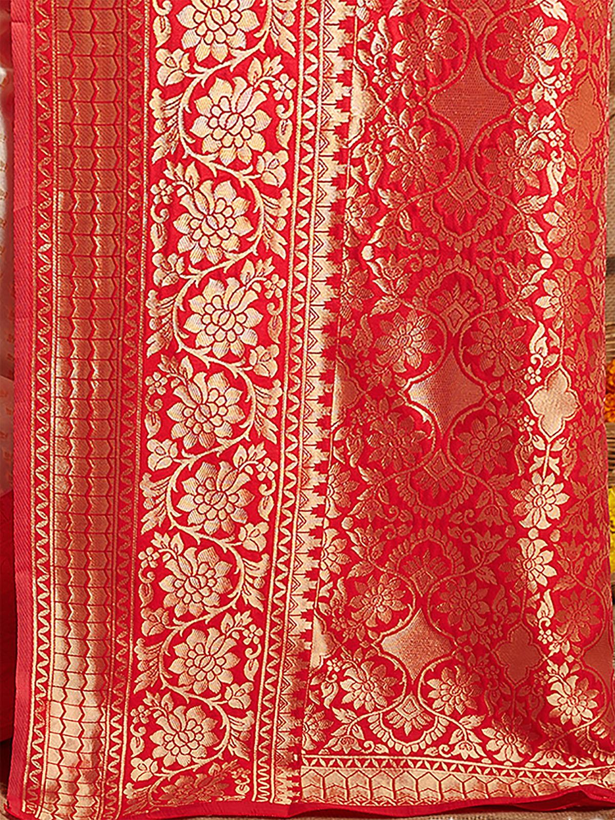 Women's Silk Blend Off White And Red Woven Designer Saree - Odette
