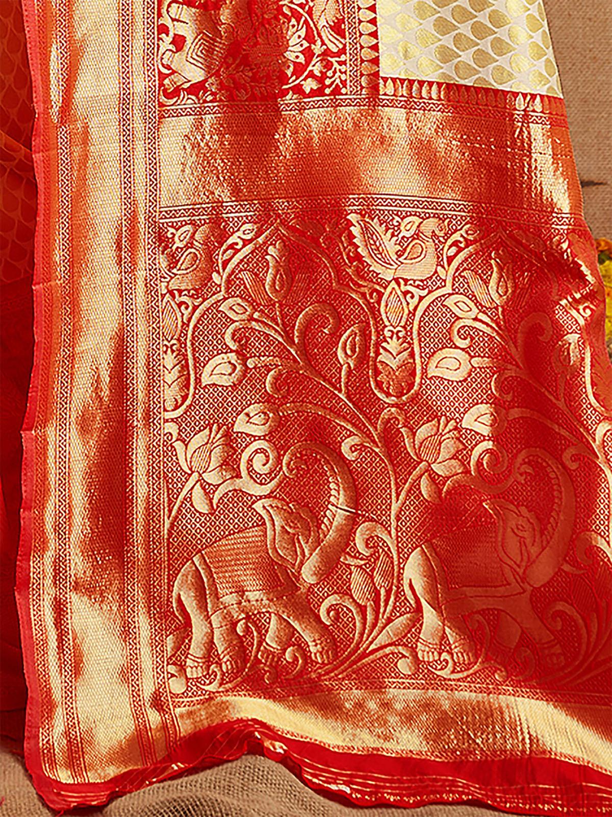 Women's Silk Blend Off White And Red Woven Designer Saree - Odette