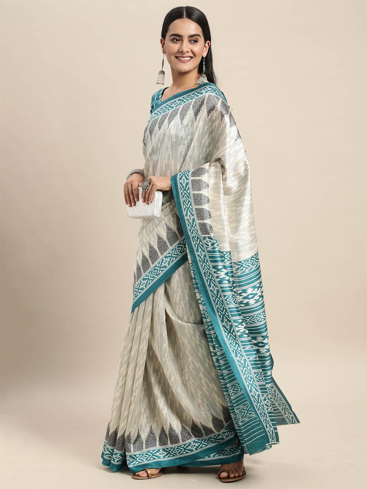 Women's Silk Blend Off White Printed Saree With Blouse Piece - Odette