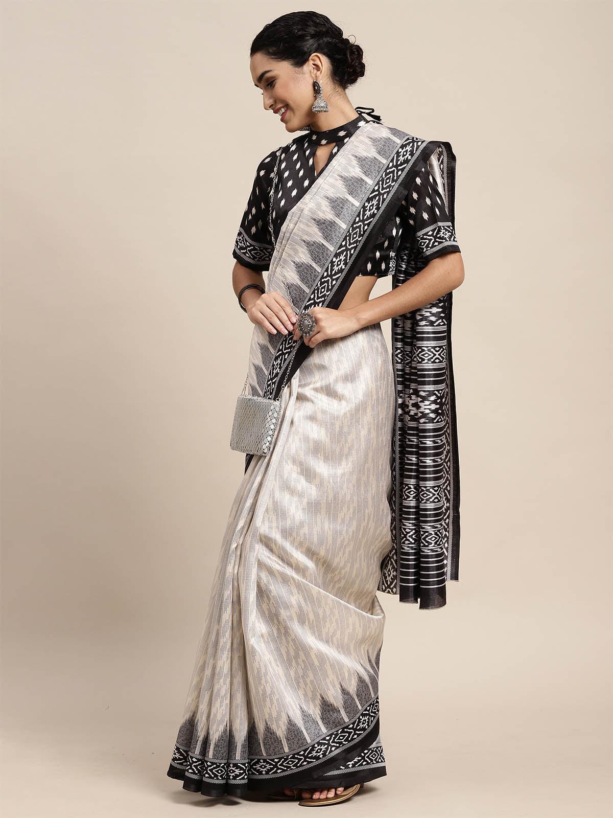 Women's Silk Blend Off White Printed Saree With Blouse Piece - Odette