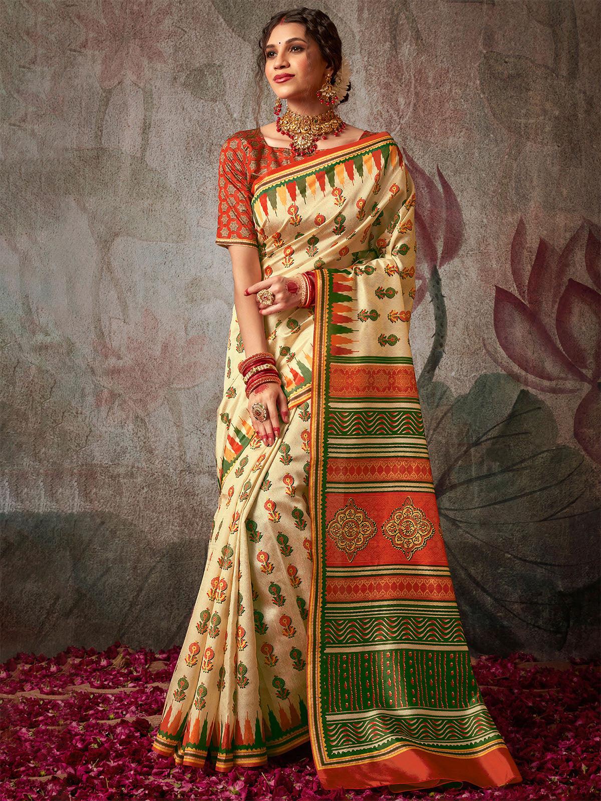 Women's Silk Blend Off White, Red And Green Printed Designer Saree - Odette