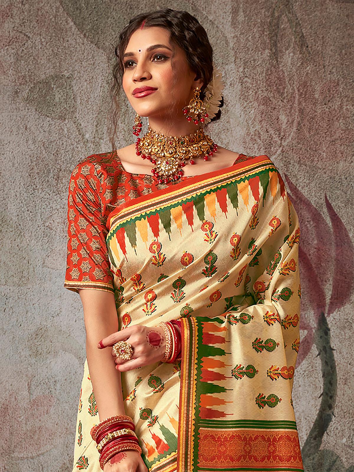 Women's Silk Blend Off White, Red And Green Printed Designer Saree - Odette