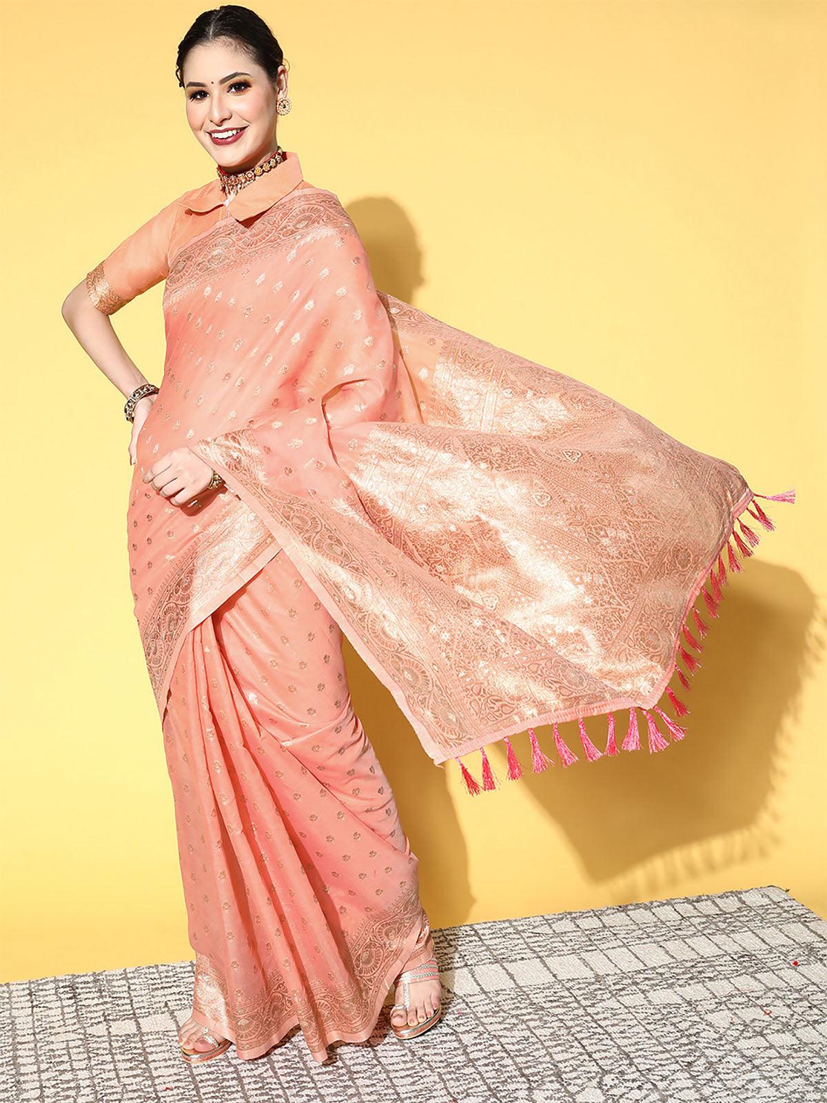 Women's Silk Blend Peach Woven Design Saree With Blouse Piece - Odette