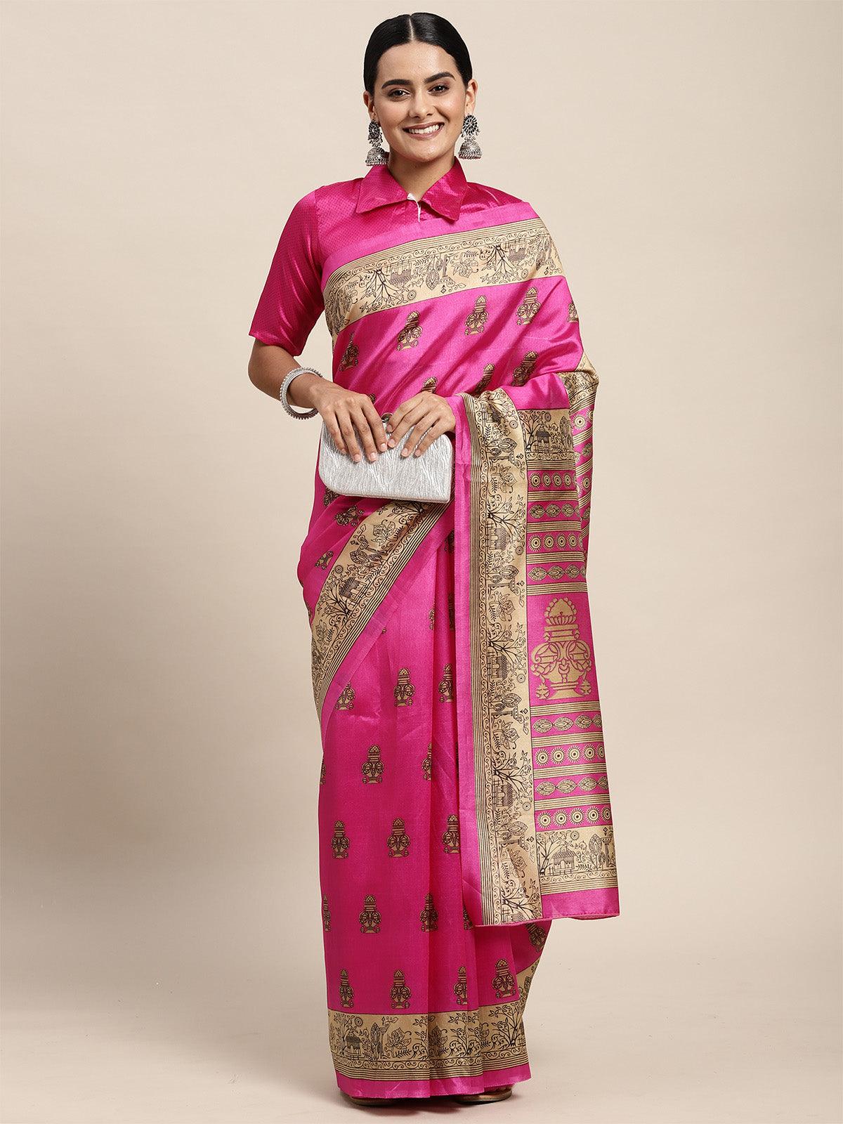 Women's Silk Blend Pink Printed Saree With Blouse Piece - Odette