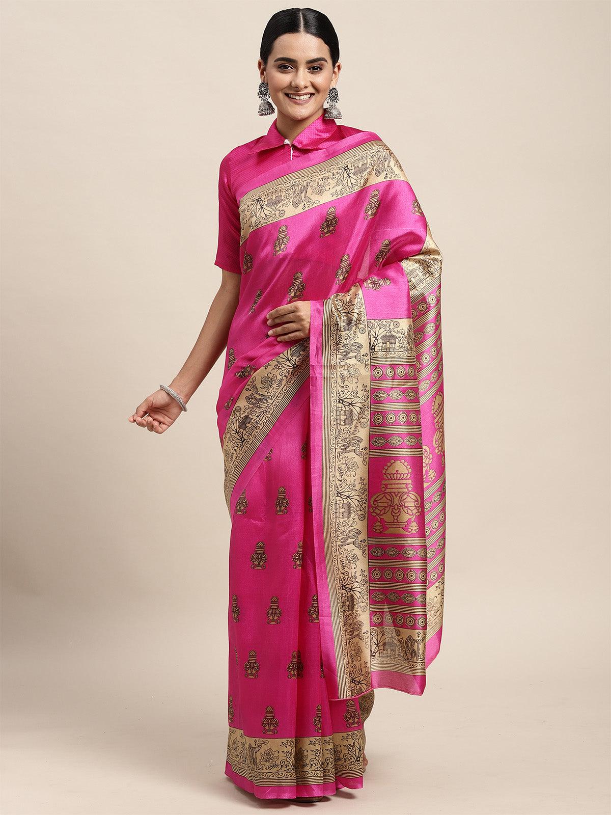 Women's Silk Blend Pink Printed Saree With Blouse Piece - Odette