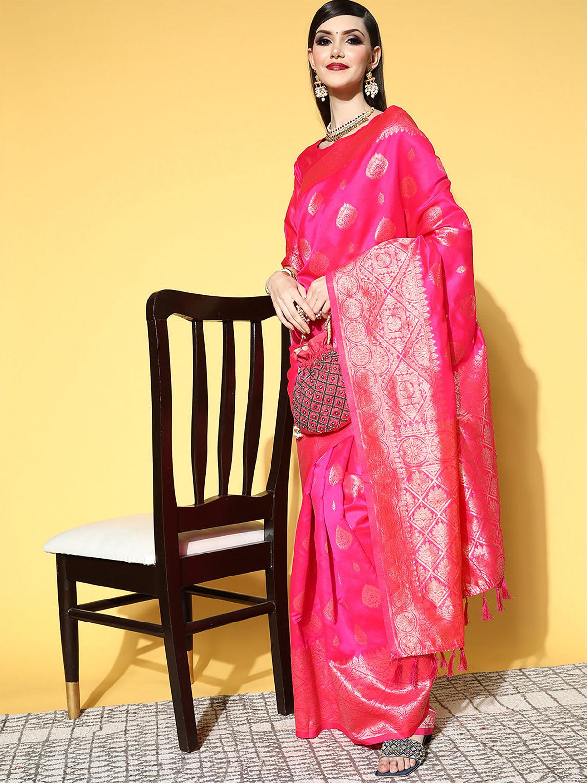 Women's Silk Blend Pink Woven Design Saree With Blouse Piece - Odette