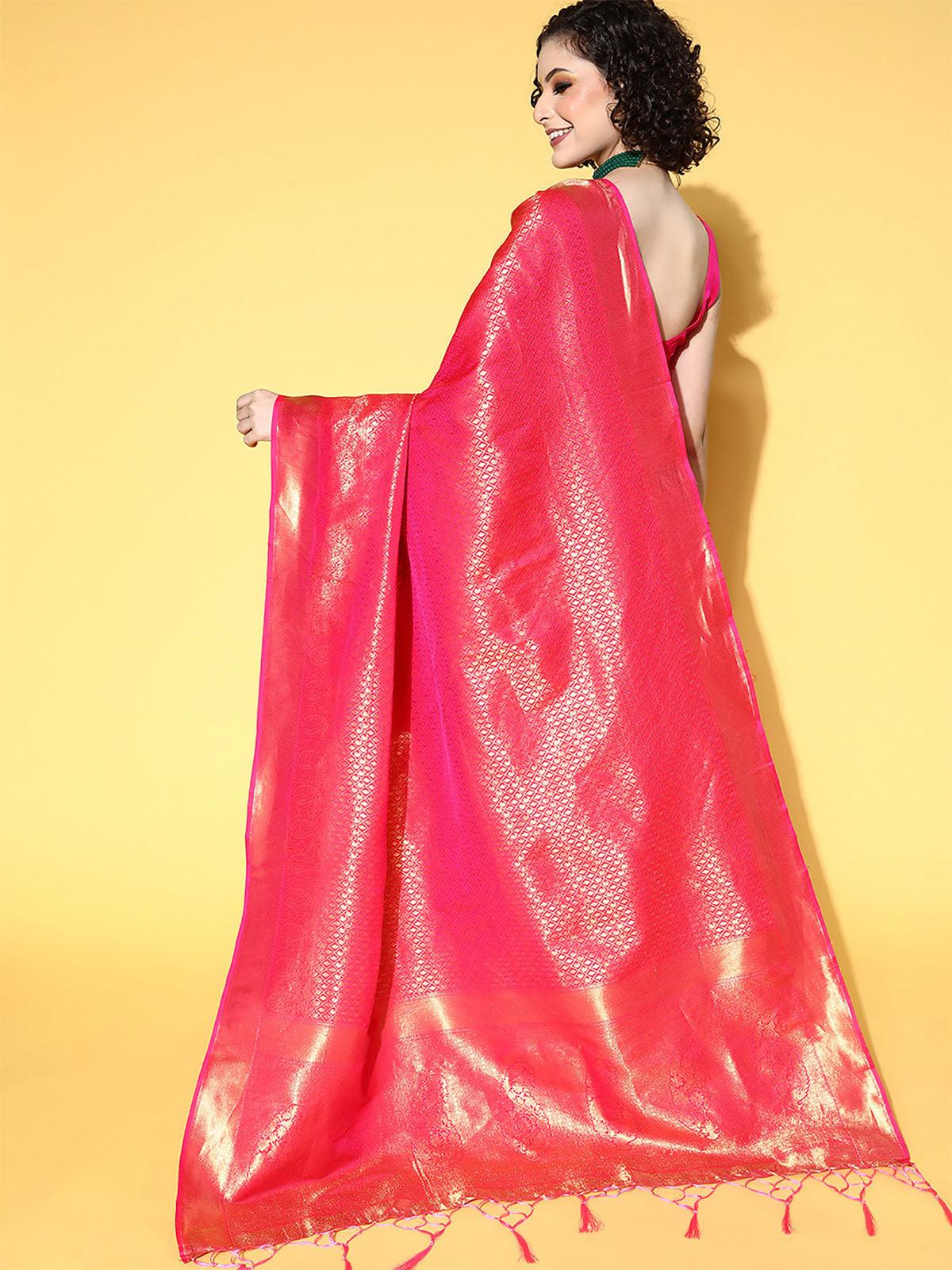 Women's Silk Blend Pink Woven Design Saree With Blouse Piece - Odette