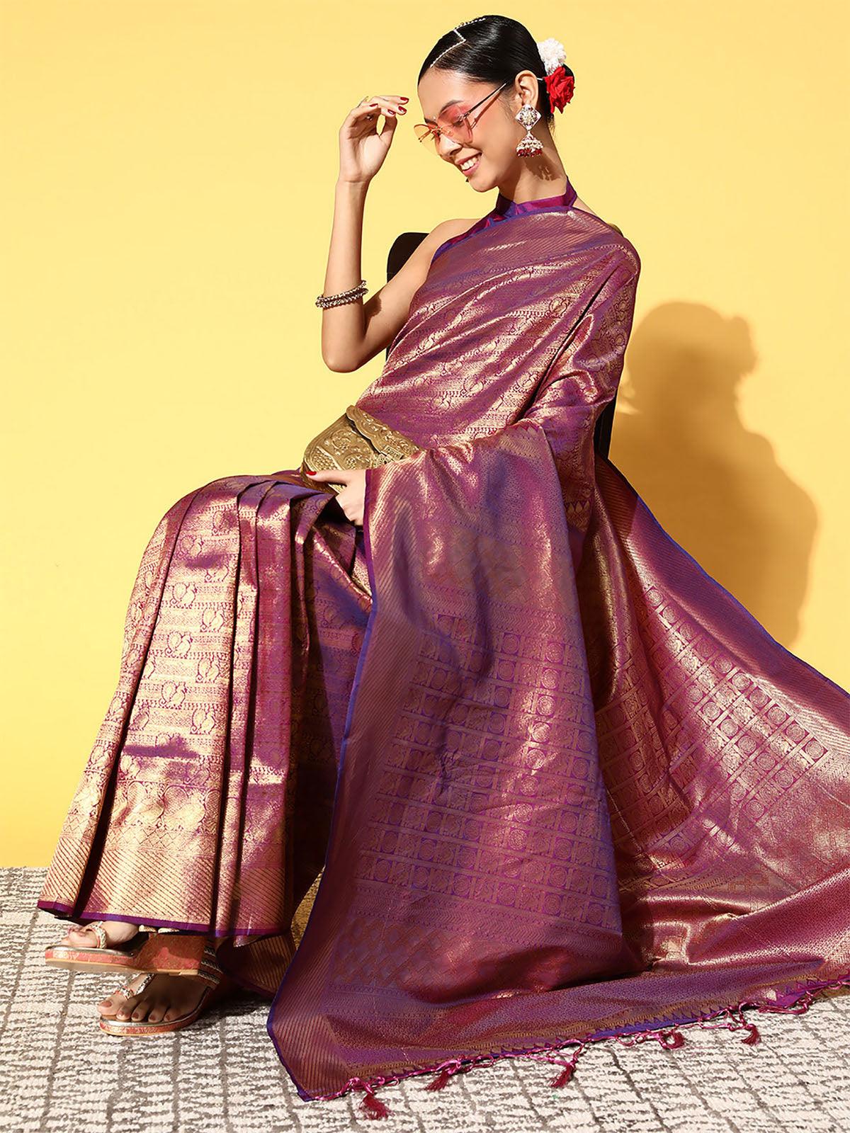 Women's Silk Blend Purple Woven Design Saree With Blouse Piece - Odette