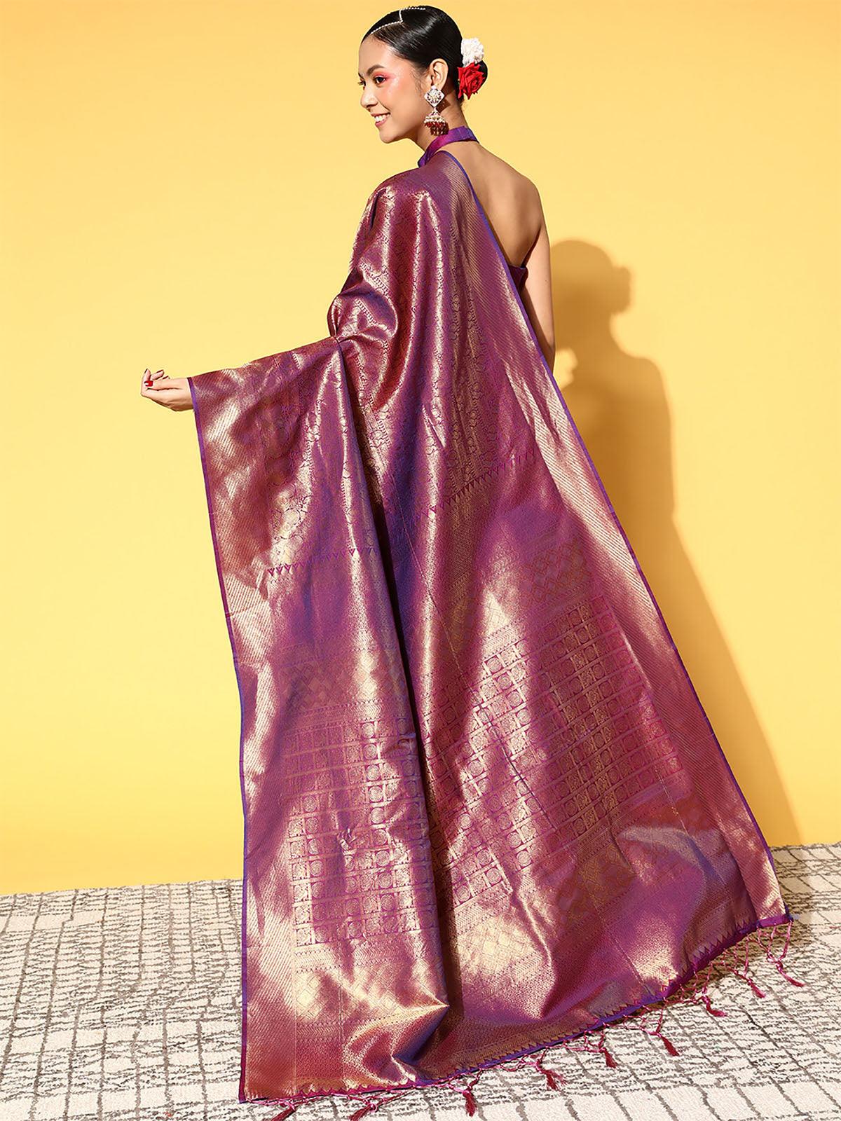 Women's Silk Blend Purple Woven Design Saree With Blouse Piece - Odette