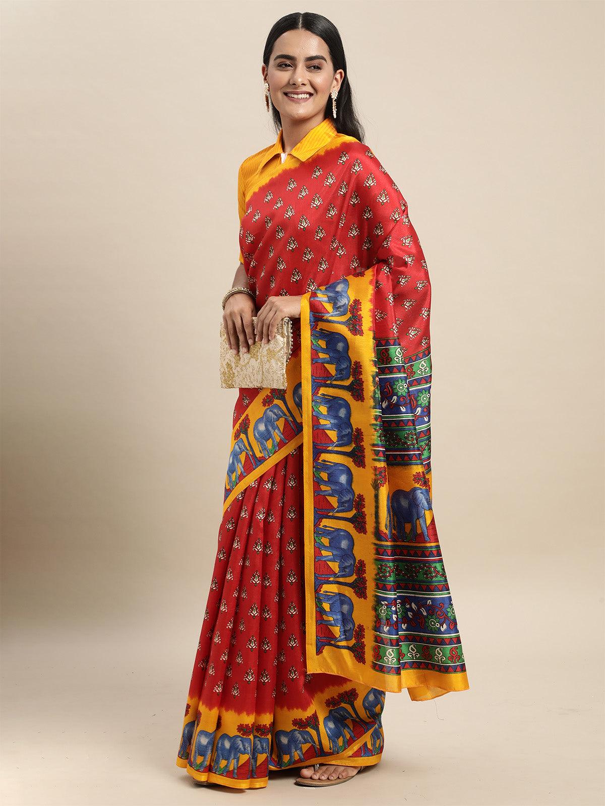 Women's Silk Blend Red Printed Saree With Blouse Piece - Odette