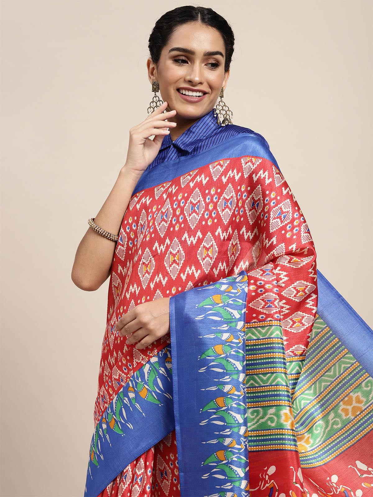 Women's Silk Blend Red Printed Saree With Blouse Piece - Odette