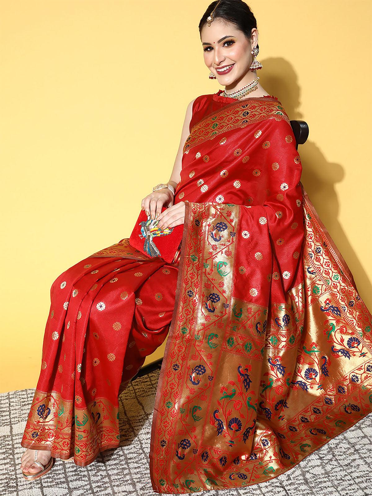 Women's Silk Blend Red Woven Design Saree With Blouse Piece - Odette