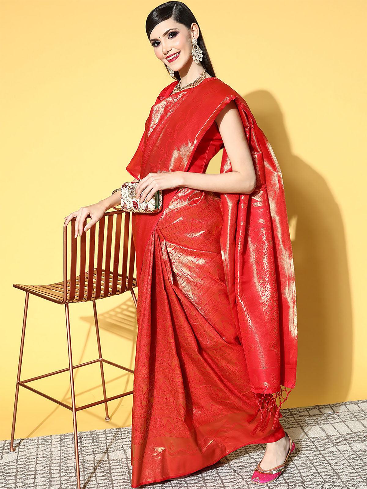 Women's Silk Blend Red Woven Design Saree With Blouse Piece - Odette