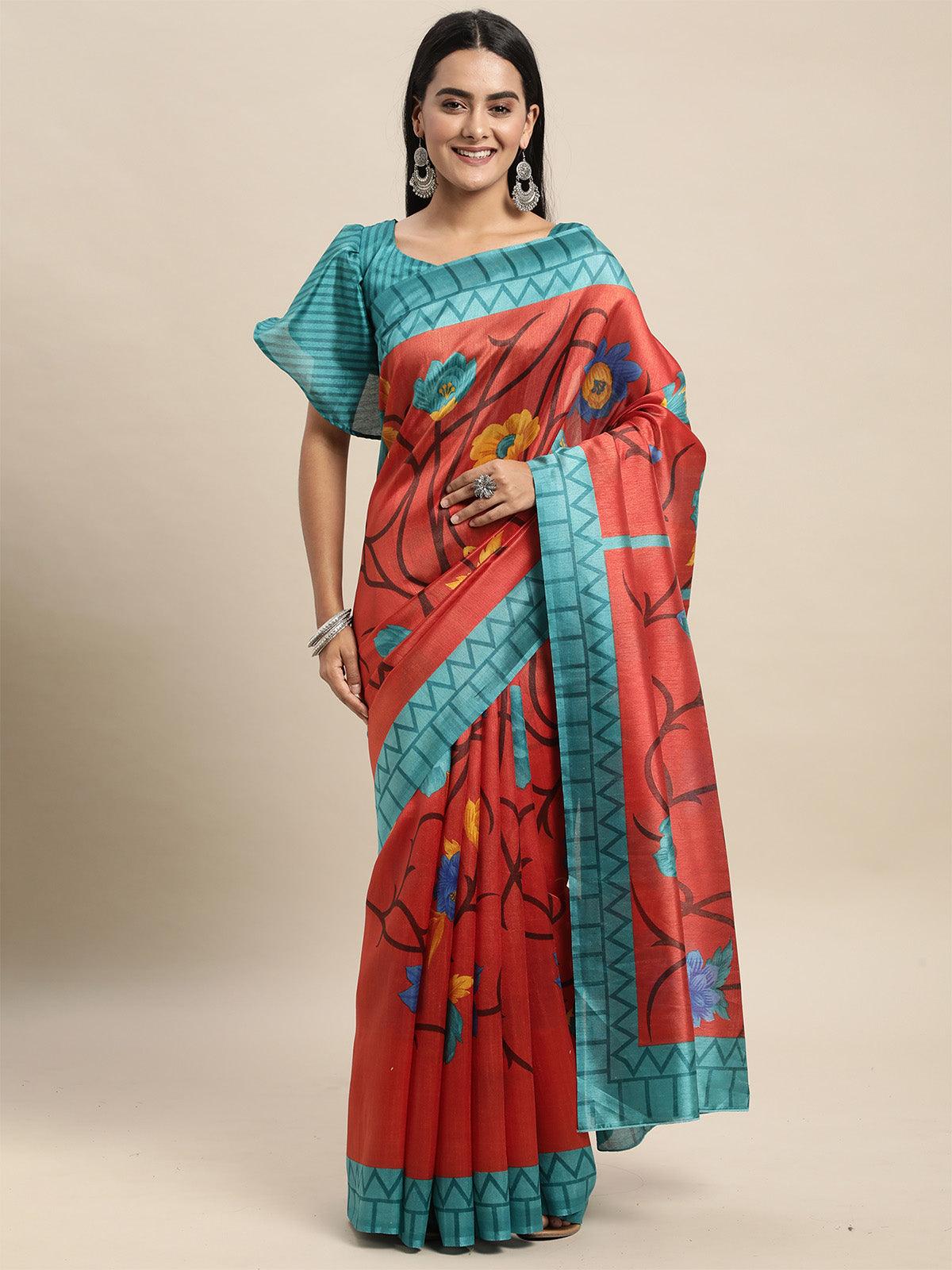 Women's Silk Blend Rust Printed Saree With Blouse Piece - Odette