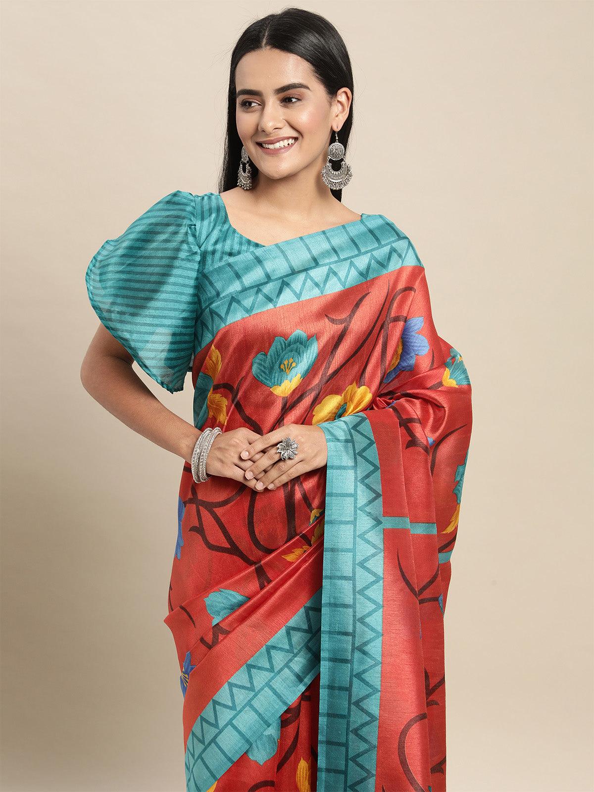 Women's Silk Blend Rust Printed Saree With Blouse Piece - Odette
