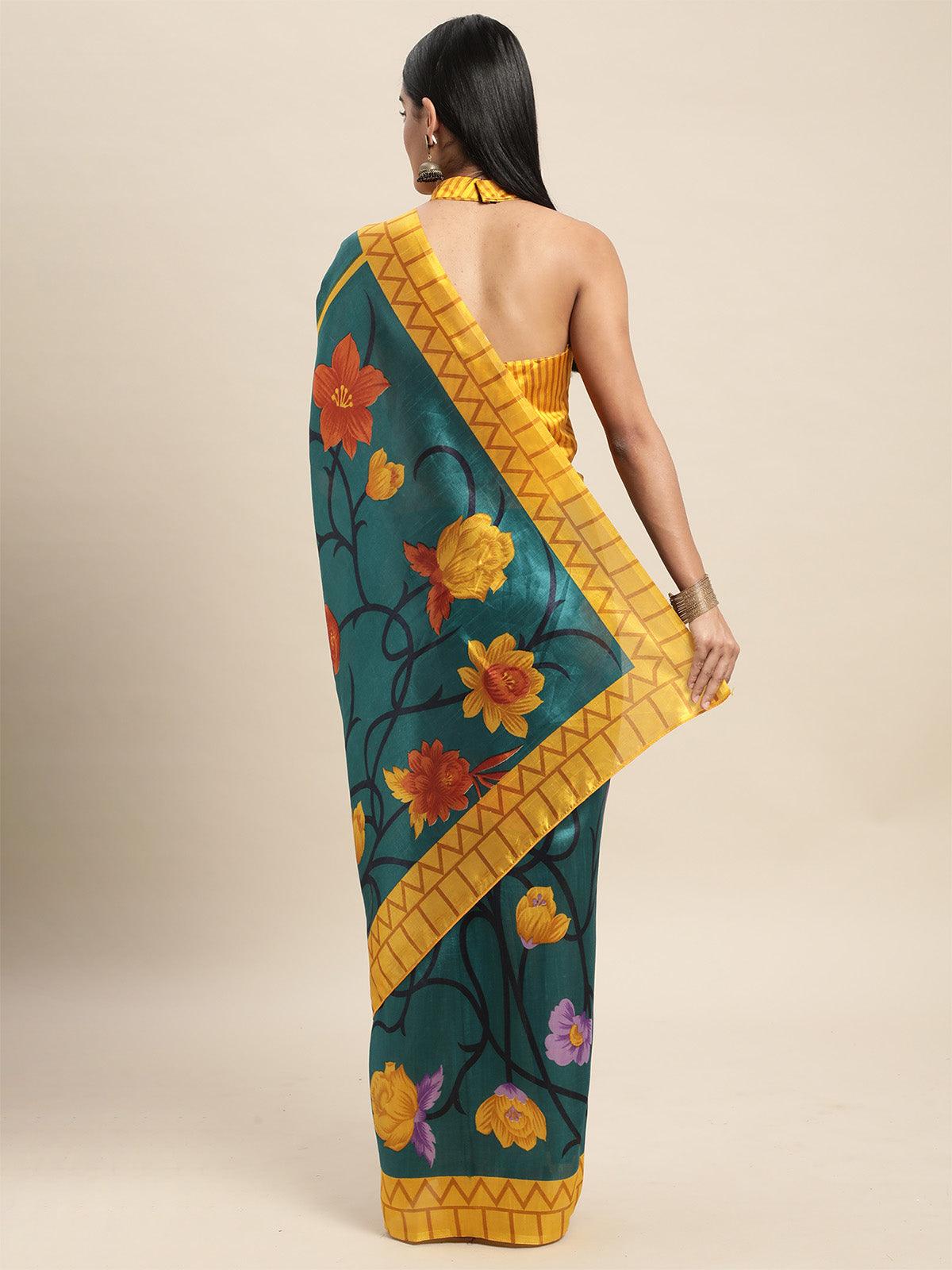 Women's Silk Blend Teal Blue Printed Saree With Blouse Piece - Odette