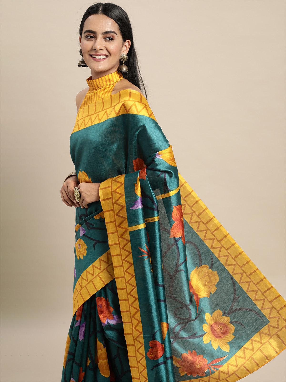 Women's Silk Blend Teal Blue Printed Saree With Blouse Piece - Odette