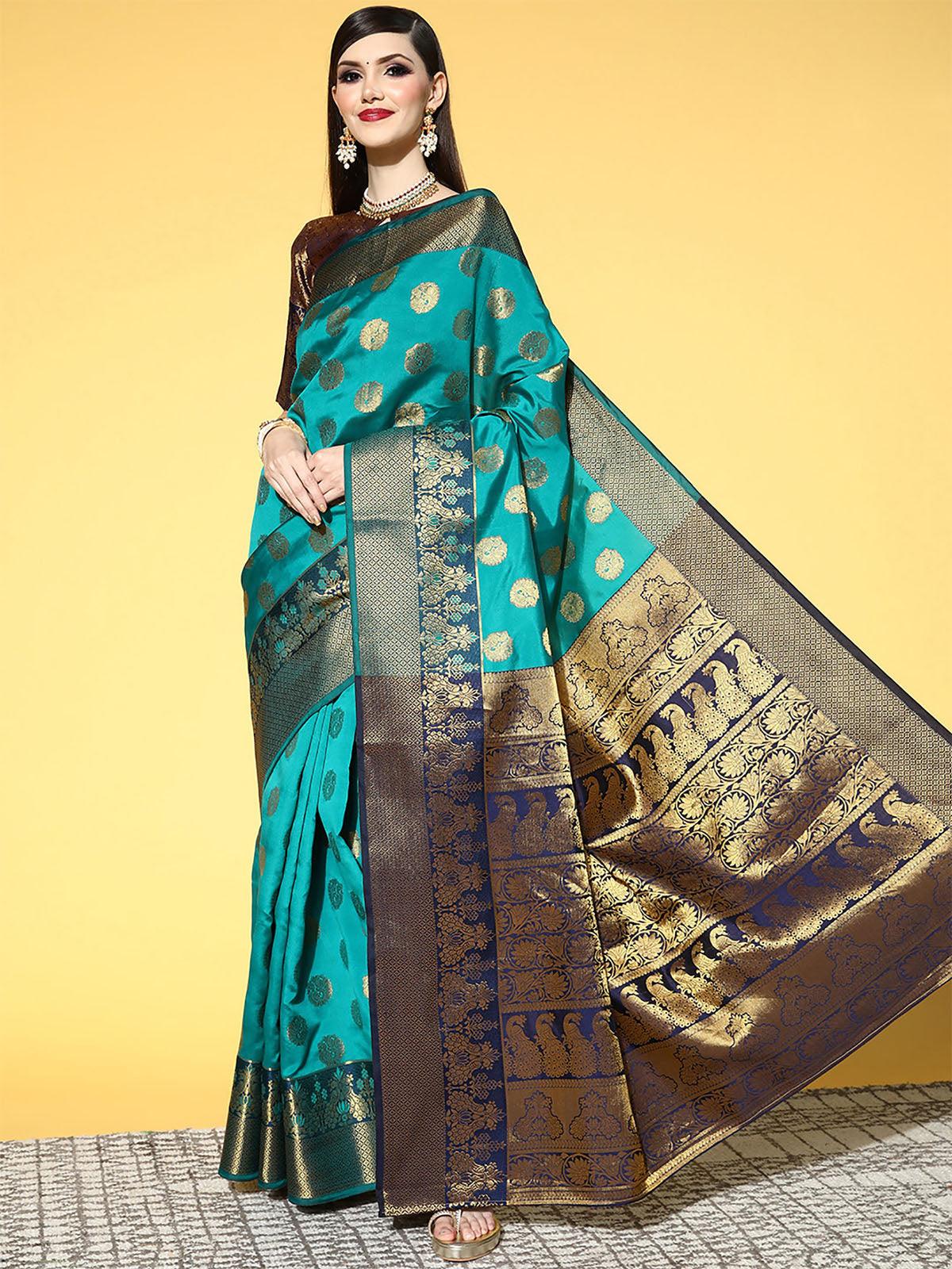 Women's Silk Blend Teal Blue Woven Design Saree With Blouse Piece - Odette