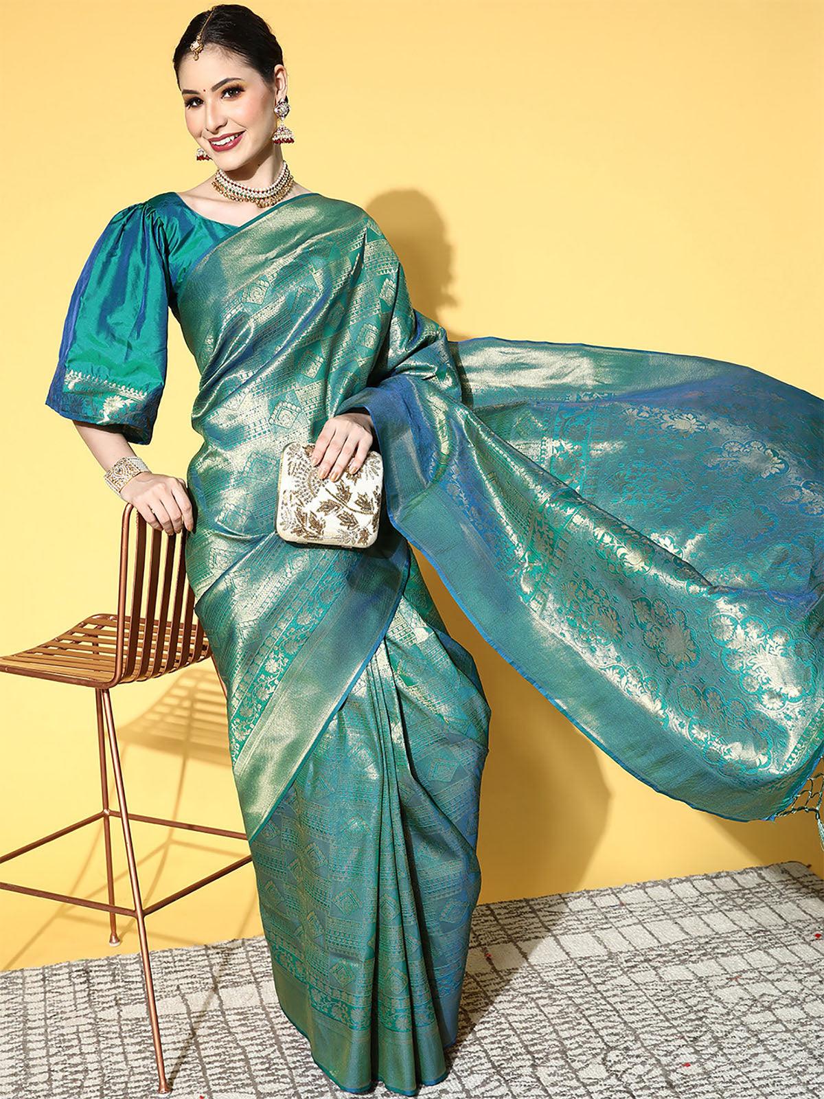 Women's Silk Blend Teal Green Woven Design Saree With Blouse Piece - Odette