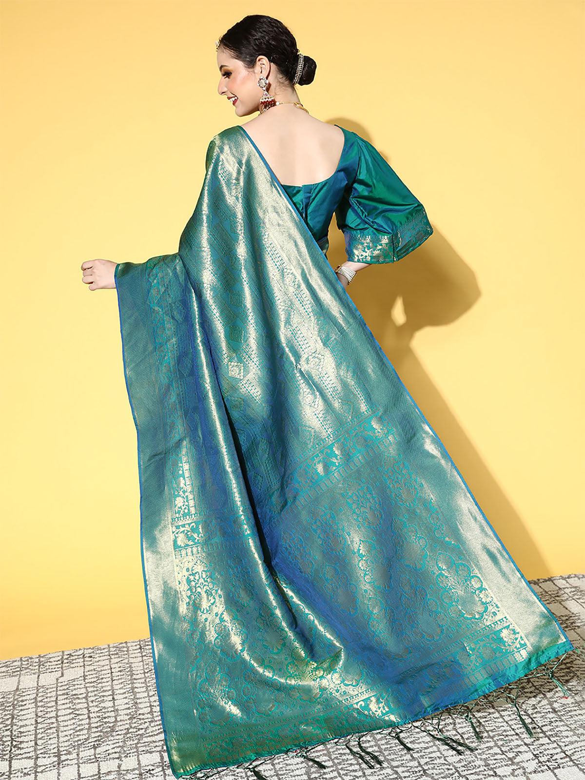 Women's Silk Blend Teal Green Woven Design Saree With Blouse Piece - Odette