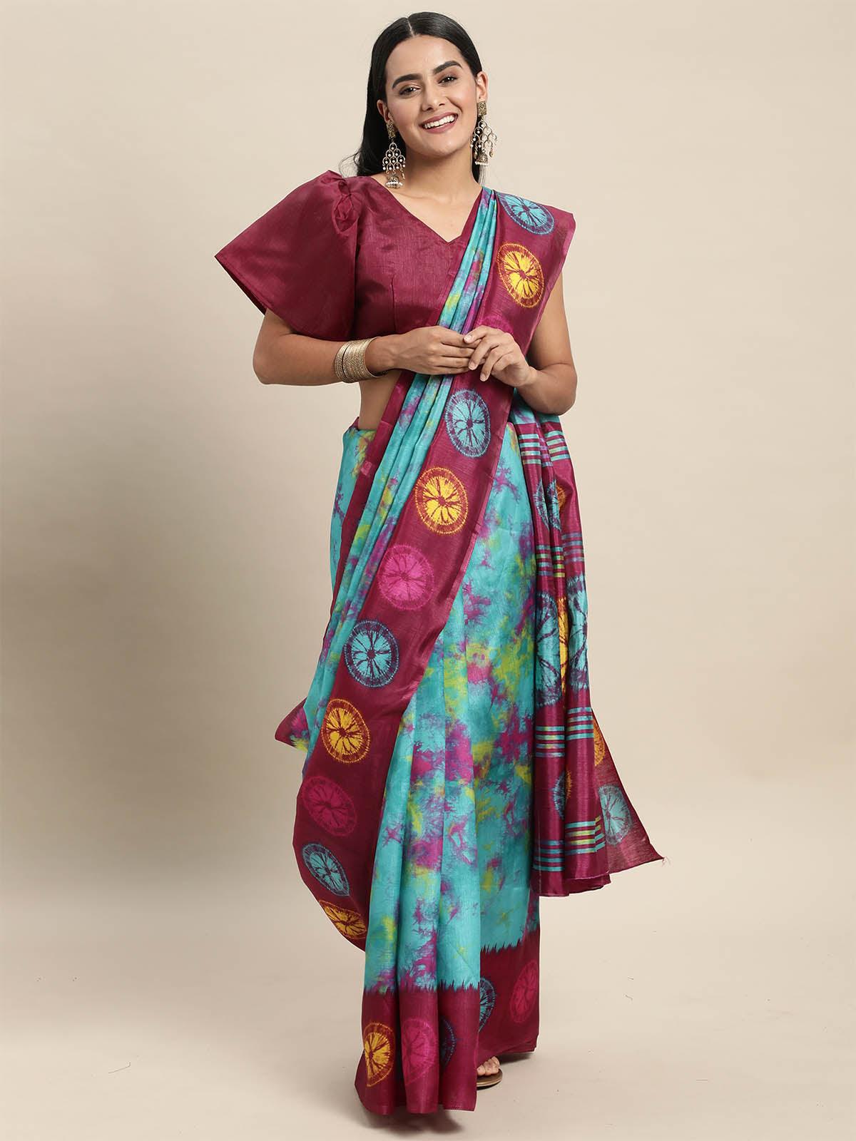 Women's Silk Blend Turquoise Printed Saree With Blouse Piece - Odette
