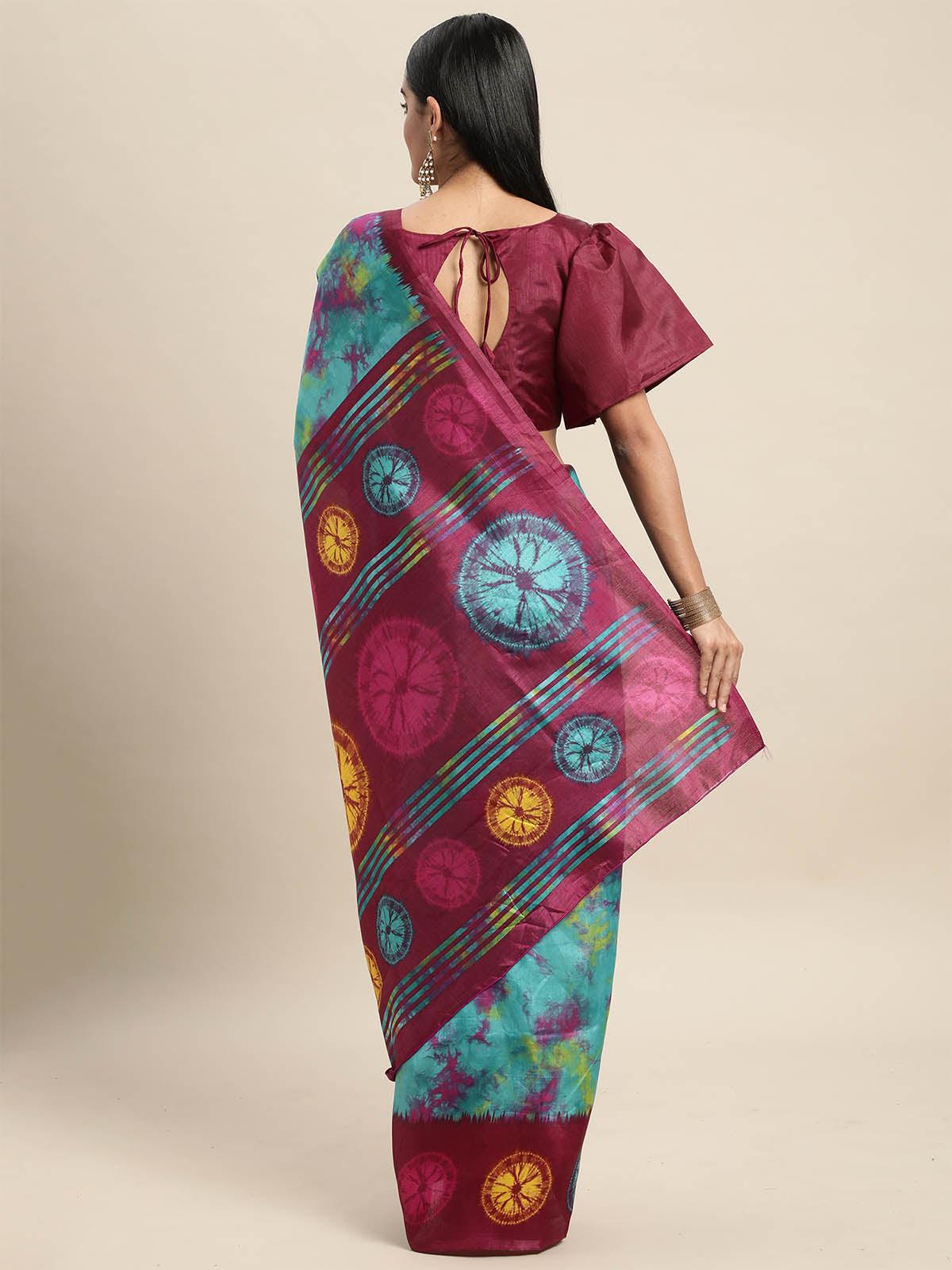 Women's Silk Blend Turquoise Printed Saree With Blouse Piece - Odette