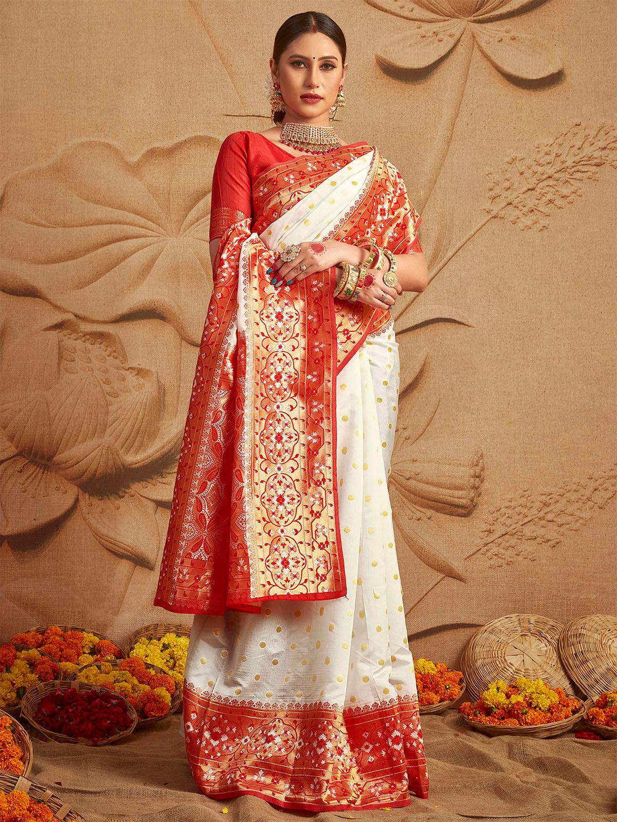 Women's Silk Blend White And Red Woven Designer Saree - Odette