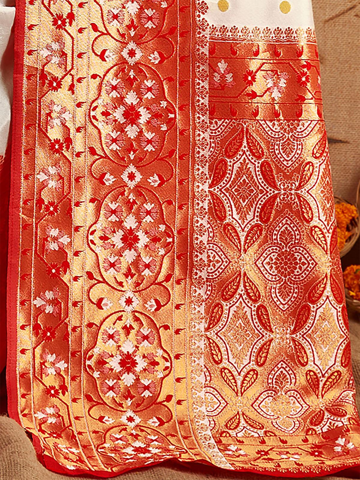 Women's Silk Blend White And Red Woven Designer Saree - Odette
