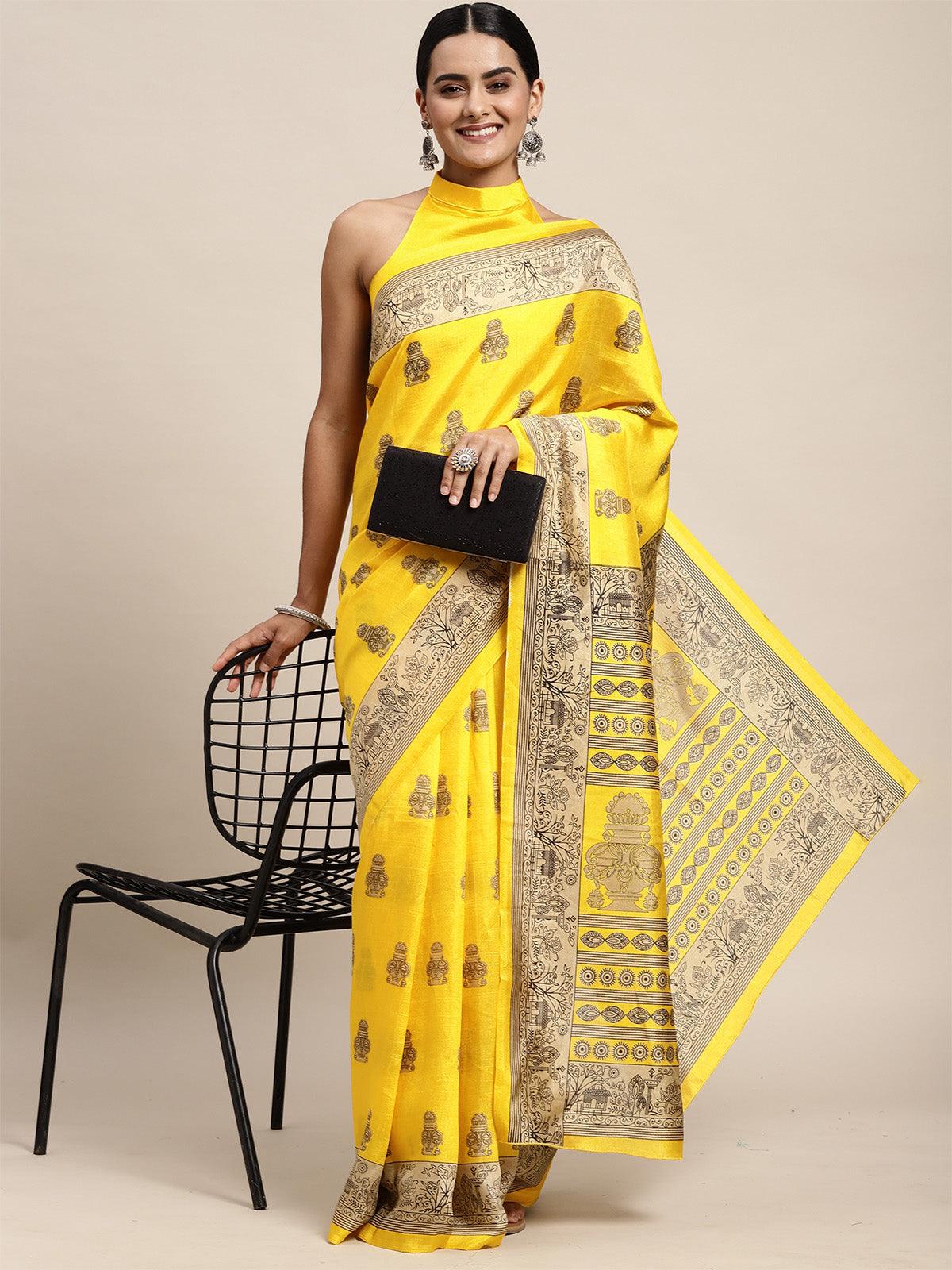 Women's Silk Blend Yellow Printed Saree With Blouse Piece - Odette