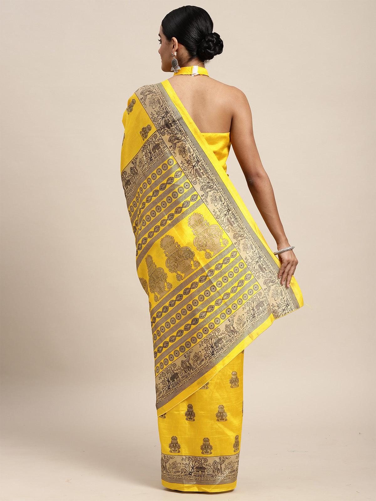 Women's Silk Blend Yellow Printed Saree With Blouse Piece - Odette