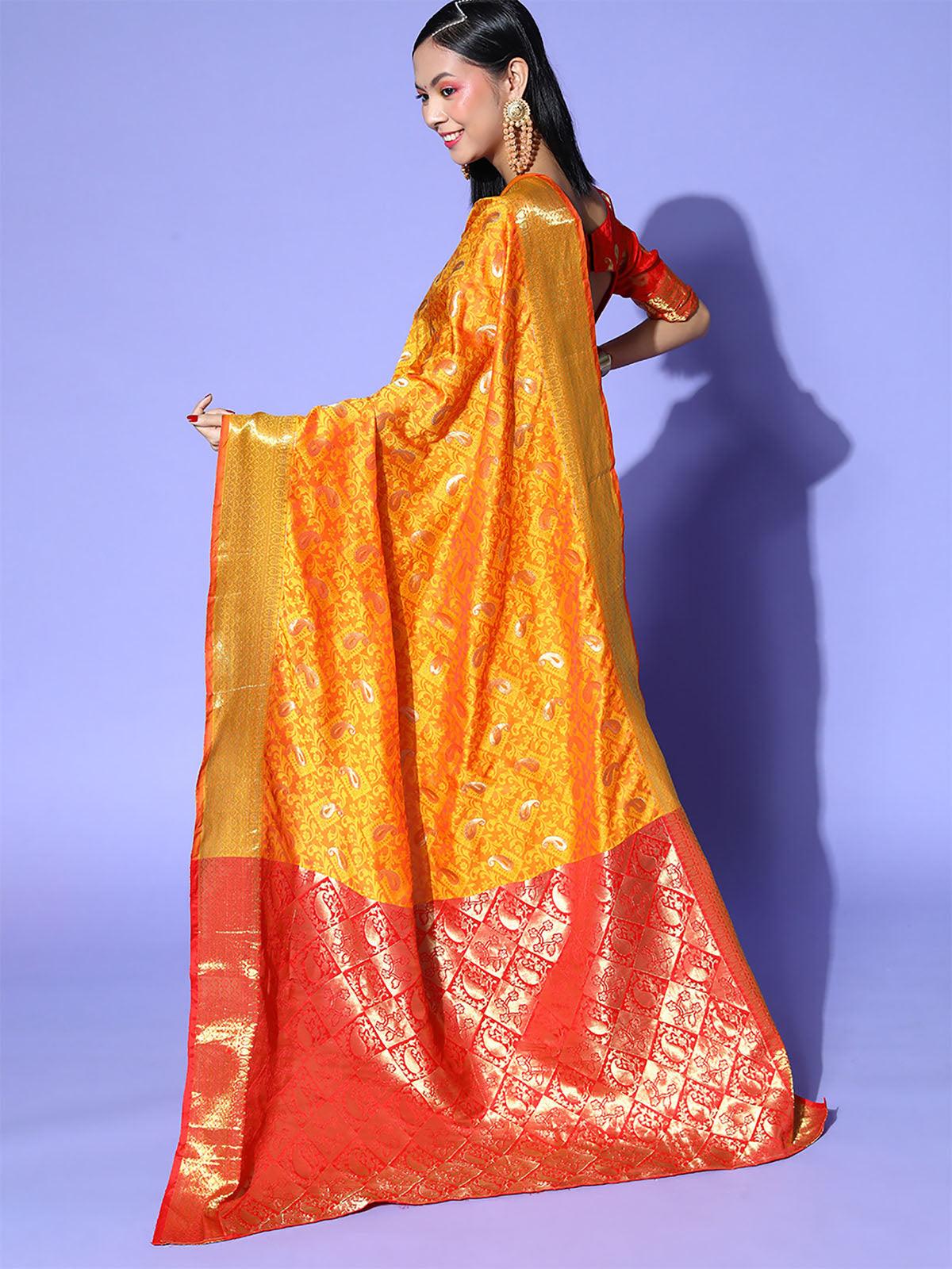 Women's Silk Blend Yellow Woven Design Saree With Blouse Piece - Odette