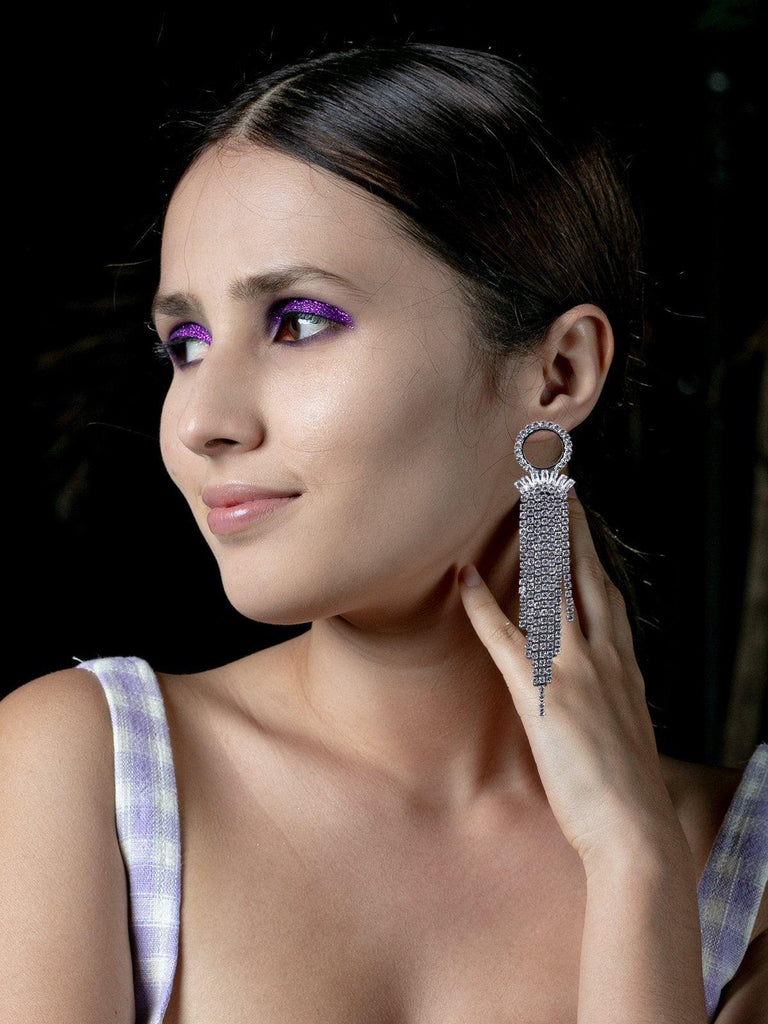 Women's Silver Crystal Tassel Drop Earring
