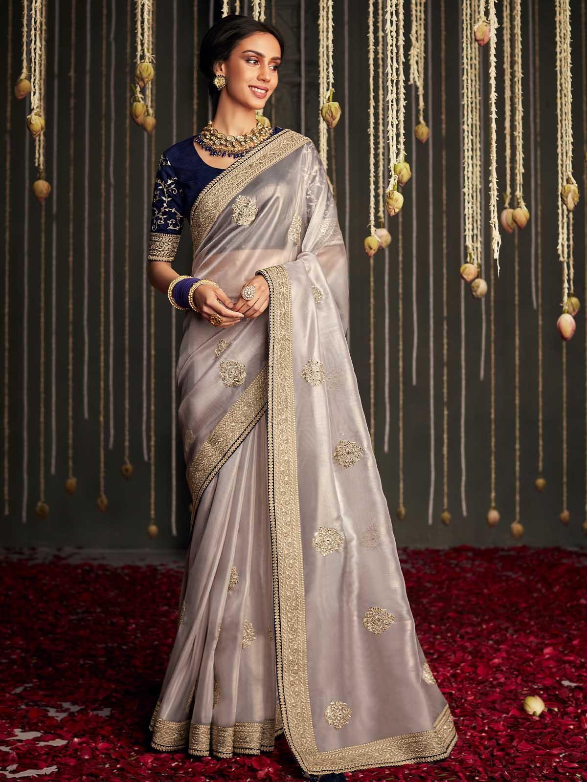 Women's Silver Silk Woven Design Saree With Blouse - Odette