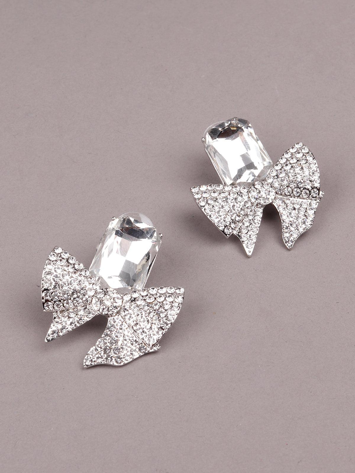 Women's Silver-Studded Bow-Shaped Statement Earrings - Odette