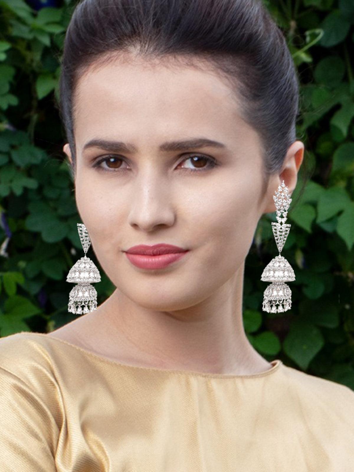 Women's Silver-Tone Fully Studded Jhumka Earrings - Odette