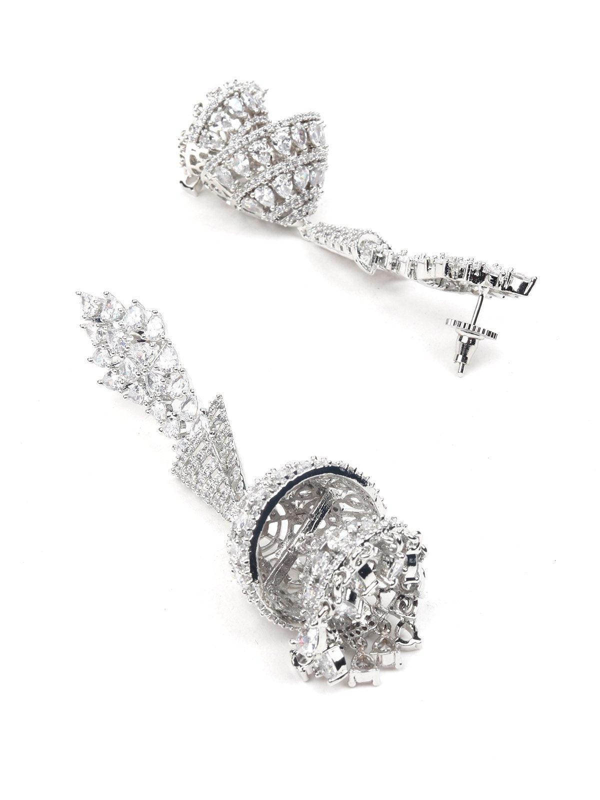 Women's Silver-Tone Fully Studded Jhumka Earrings - Odette