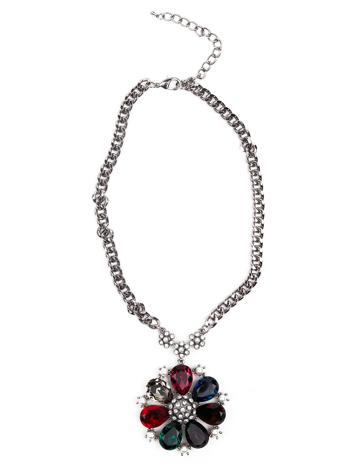 Women's Silver-Tone Necklace With A Floral Pendant - Odette